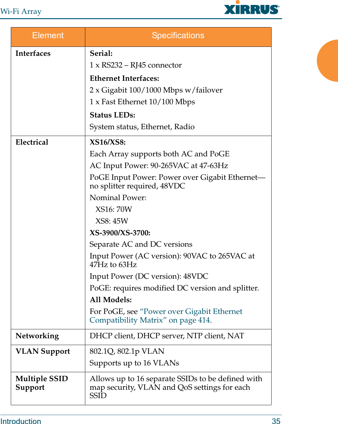 Wi-Fi ArrayIntroduction 35Interfaces Serial:1 x RS232 – RJ45 connectorEthernet Interfaces:2 x Gigabit 100/1000 Mbps w/failover1 x Fast Ethernet 10/100 MbpsStatus LEDs:System status, Ethernet, RadioElectrical XS16/XS8:Each Array supports both AC and PoGEAC Input Power: 90-265VAC at 47-63Hz PoGE Input Power: Power over Gigabit Ethernet—no splitter required, 48VDC Nominal Power:   XS16: 70W    XS8: 45W XS-3900/XS-3700:Separate AC and DC versionsInput Power (AC version): 90VAC to 265VAC at 47Hz to 63Hz Input Power (DC version): 48VDCPoGE: requires modified DC version and splitter.All Models:For PoGE, see “Power over Gigabit Ethernet Compatibility Matrix” on page 414.Networking DHCP client, DHCP server, NTP client, NAT VLAN Support 802.1Q, 802.1p VLANSupports up to 16 VLANsMultiple SSID SupportAllows up to 16 separate SSIDs to be defined with map security, VLAN and QoS settings for each SSIDElement Specifications