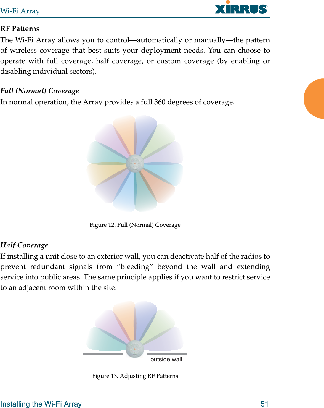 Wi-Fi ArrayInstalling the Wi-Fi Array 51RF PatternsThe Wi-Fi Array allows you to control—automatically or manually—the pattern of wireless coverage that best suits your deployment needs. You can choose to operate with full coverage, half coverage, or custom coverage (by enabling or disabling individual sectors).Full (Normal) CoverageIn normal operation, the Array provides a full 360 degrees of coverage.Figure 12. Full (Normal) CoverageHalf CoverageIf installing a unit close to an exterior wall, you can deactivate half of the radios to prevent redundant signals from “bleeding” beyond the wall and extending service into public areas. The same principle applies if you want to restrict service to an adjacent room within the site.Figure 13. Adjusting RF Patternsoutside wall