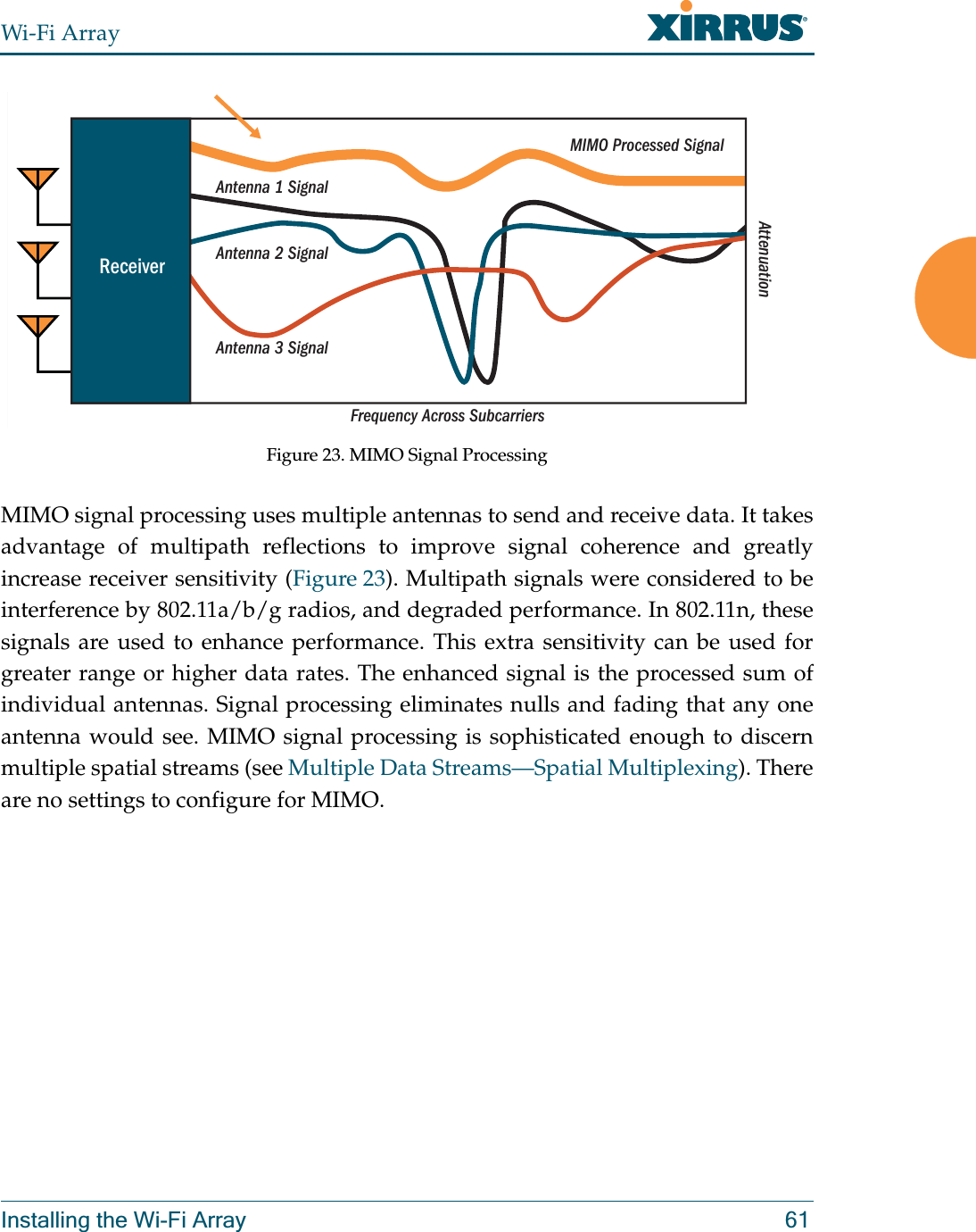 Wi-Fi ArrayInstalling the Wi-Fi Array 61Figure 23. MIMO Signal ProcessingMIMO signal processing uses multiple antennas to send and receive data. It takes advantage of multipath reflections to improve signal coherence and greatly increase receiver sensitivity (Figure 23). Multipath signals were considered to be interference by 802.11a/b/g radios, and degraded performance. In 802.11n, these signals are used to enhance performance. This extra sensitivity can be used for greater range or higher data rates. The enhanced signal is the processed sum of individual antennas. Signal processing eliminates nulls and fading that any one antenna would see. MIMO signal processing is sophisticated enough to discern multiple spatial streams (see Multiple Data Streams—Spatial Multiplexing). There are no settings to configure for MIMO. Frequency Across SubcarriersAttenuationAntenna 1 SignalMIMO Processed SignalAntenna 2 SignalAntenna 3 SignalReceiver