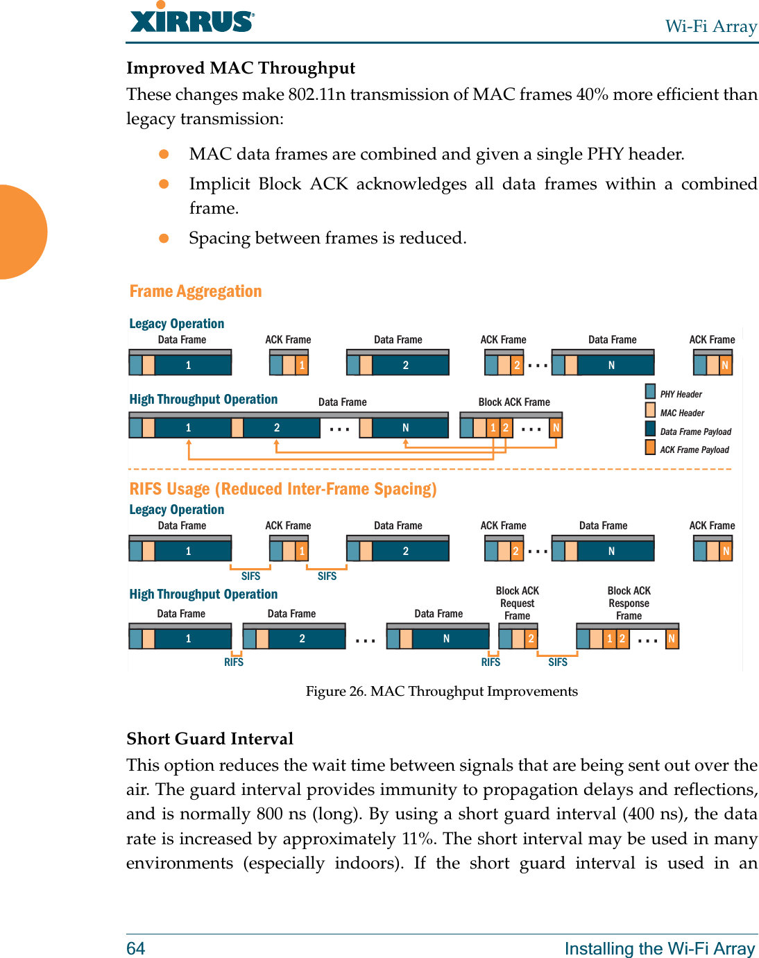 Wi-Fi Array64 Installing the Wi-Fi ArrayImproved MAC ThroughputThese changes make 802.11n transmission of MAC frames 40% more efficient than legacy transmission:zMAC data frames are combined and given a single PHY header.zImplicit Block ACK acknowledges all data frames within a combined frame. zSpacing between frames is reduced. Figure 26. MAC Throughput ImprovementsShort Guard IntervalThis option reduces the wait time between signals that are being sent out over the air. The guard interval provides immunity to propagation delays and reflections, and is normally 800 ns (long). By using a short guard interval (400 ns), the data rate is increased by approximately 11%. The short interval may be used in many environments (especially indoors). If the short guard interval is used in an NACK FrameNData Frame2Data FramePHY HeaderMAC HeaderData Frame PayloadACK Frame PayloadLegacy OperationHigh Throughput OperationData Framessssss sss1Data Frame Block ACK Frame1122NNACK Frame1 2ACK FrameNNData FrameSIFSSIFSSIFSRIFS RIFSLegacy OperationHigh Throughput OperationData Frame ACK Framesssssssss11 2Data Frame Data Frame Data FrameBlock ACKRequestFrameBlock ACKResponseFrame12 N1 2 22Data Frame ACK FrameNACK FrameRIFS Usage (Reduced Inter-Frame Spacing)Frame Aggregation