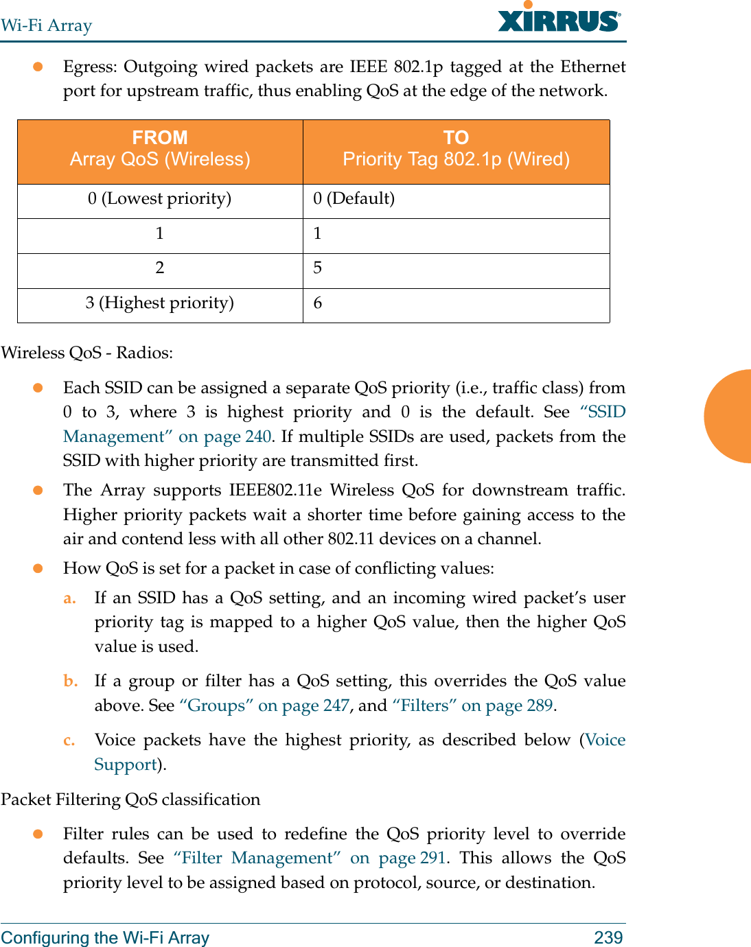 Wi-Fi ArrayConfiguring the Wi-Fi Array 239zEgress: Outgoing wired packets are IEEE 802.1p tagged at the Ethernet port for upstream traffic, thus enabling QoS at the edge of the network.  Wireless QoS - Radios:zEach SSID can be assigned a separate QoS priority (i.e., traffic class) from 0 to 3, where 3 is highest priority and 0 is the default. See “SSID Management” on page 240. If multiple SSIDs are used, packets from the SSID with higher priority are transmitted first. zThe Array supports IEEE802.11e Wireless QoS for downstream traffic. Higher priority packets wait a shorter time before gaining access to the air and contend less with all other 802.11 devices on a channel. zHow QoS is set for a packet in case of conflicting values:a. If an SSID has a QoS setting, and an incoming wired packet’s user priority tag is mapped to a higher QoS value, then the higher QoS value is used.b. If a group or filter has a QoS setting, this overrides the QoS value above. See “Groups” on page 247, and “Filters” on page 289. c. Voice packets have the highest priority, as described below (Voice Support). Packet Filtering QoS classification zFilter rules can be used to redefine the QoS priority level to override defaults. See “Filter Management” on page 291. This allows the QoS priority level to be assigned based on protocol, source, or destination. FROMArray QoS (Wireless)TOPriority Tag 802.1p (Wired)0 (Lowest priority) 0 (Default)11253 (Highest priority) 6