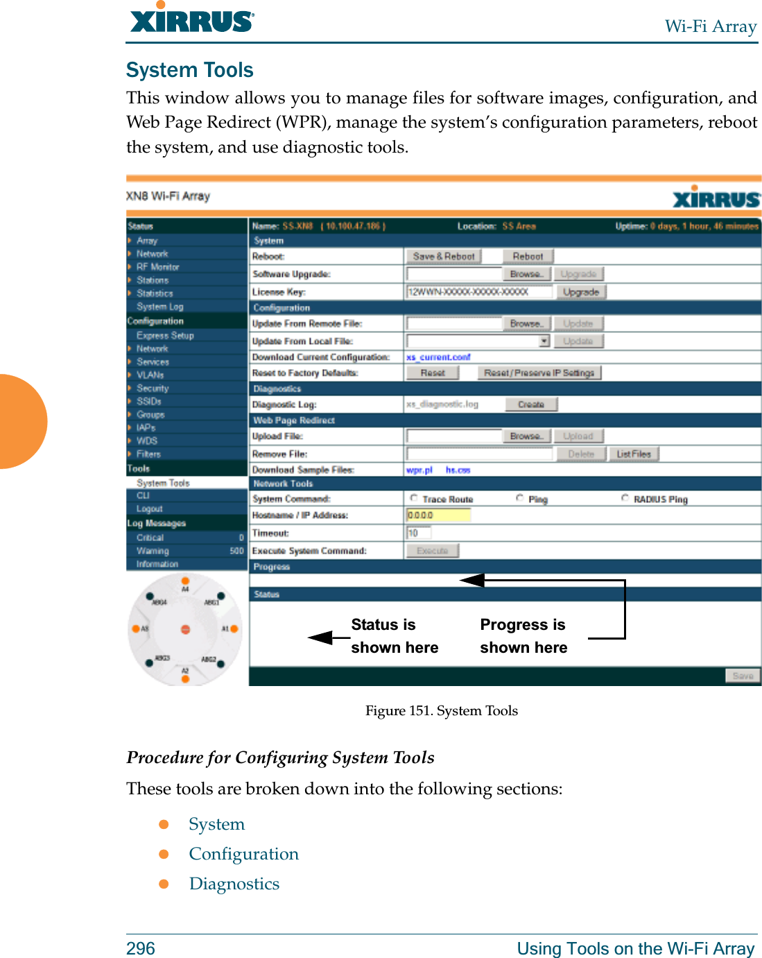 Wi-Fi Array296 Using Tools on the Wi-Fi ArraySystem ToolsThis window allows you to manage files for software images, configuration, and Web Page Redirect (WPR), manage the system’s configuration parameters, reboot the system, and use diagnostic tools.Figure 151. System ToolsProcedure for Configuring System ToolsThese tools are broken down into the following sections:zSystemzConfigurationzDiagnosticsStatus is shown hereProgress is shown here