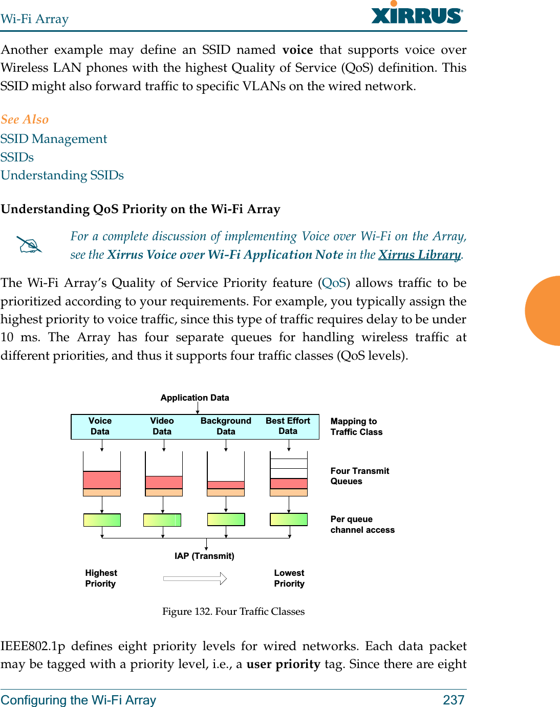 Wi-Fi ArrayConfiguring the Wi-Fi Array 237Another example may define an SSID named voice that supports voice over Wireless LAN phones with the highest Quality of Service (QoS) definition. This SSID might also forward traffic to specific VLANs on the wired network.See AlsoSSID ManagementSSIDsUnderstanding SSIDsUnderstanding QoS Priority on the Wi-Fi Array The Wi-Fi Array’s Quality of Service Priority feature (QoS) allows traffic to be prioritized according to your requirements. For example, you typically assign the highest priority to voice traffic, since this type of traffic requires delay to be under 10 ms. The Array has four separate queues for handling wireless traffic at different priorities, and thus it supports four traffic classes (QoS levels). Figure 132. Four Traffic ClassesIEEE802.1p defines eight priority levels for wired networks. Each data packet may be tagged with a priority level, i.e., a user priority tag. Since there are eight #For a complete discussion of implementing Voice over Wi-Fi on the Array, see the Xirrus Voice over Wi-Fi Application Note in the Xirrus Library. Mapping to Traffic ClassFour Transmit QueuesPer queue channel access Application DataVoiceDataVideoDataBackground DataBest Effort  DataIAP (Transmit)Highest PriorityLowest Priority