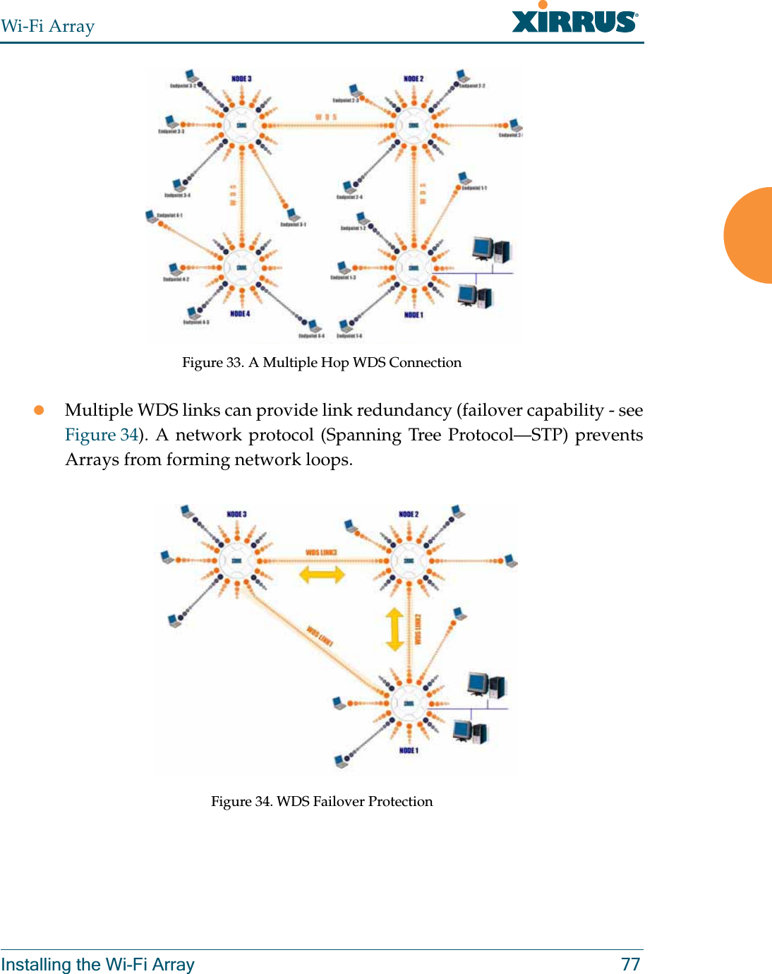 Wi-Fi ArrayInstalling the Wi-Fi Array 77Figure 33. A Multiple Hop WDS ConnectionzMultiple WDS links can provide link redundancy (failover capability - see Figure 34). A network protocol (Spanning Tree Protocol—STP) prevents Arrays from forming network loops. Figure 34. WDS Failover Protection