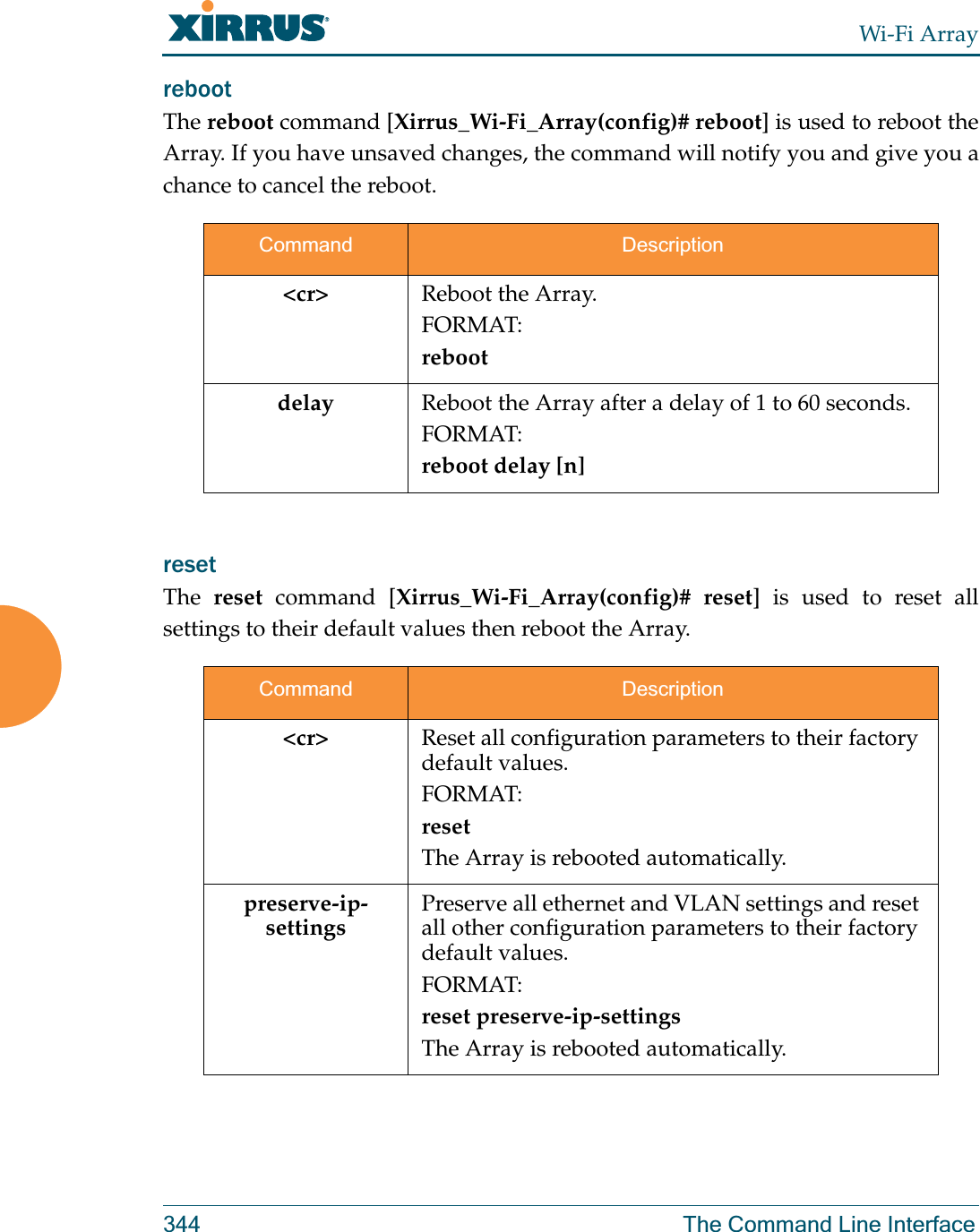Wi-Fi Array344 The Command Line Interfacereboot The reboot command [Xirrus_Wi-Fi_Array(config)# reboot] is used to reboot the Array. If you have unsaved changes, the command will notify you and give you a chance to cancel the reboot. reset The  reset command [Xirrus_Wi-Fi_Array(config)# reset] is used to reset all settings to their default values then reboot the Array.Command Description&lt;cr&gt; Reboot the Array.FORMAT:rebootdelay Reboot the Array after a delay of 1 to 60 seconds.FORMAT:reboot delay [n]Command Description&lt;cr&gt; Reset all configuration parameters to their factory default values.FORMAT:resetThe Array is rebooted automatically.preserve-ip-settingsPreserve all ethernet and VLAN settings and reset all other configuration parameters to their factory default values.FORMAT:reset preserve-ip-settingsThe Array is rebooted automatically.