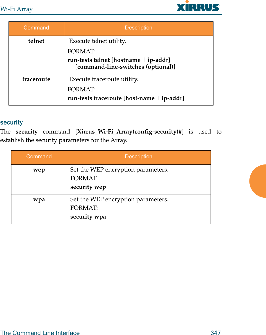 Wi-Fi ArrayThe Command Line Interface 347security The  security command [Xirrus_Wi-Fi_Array(config-security)#] is used to establish the security parameters for the Array.telnet  Execute telnet utility.FORMAT:run-tests telnet [hostname | ip-addr]      [command-line-switches (optional)] traceroute  Execute traceroute utility.FORMAT:run-tests traceroute [host-name | ip-addr]Command Descriptionwep Set the WEP encryption parameters.FORMAT:security wepwpa Set the WEP encryption parameters.FORMAT:security wpaCommand Description