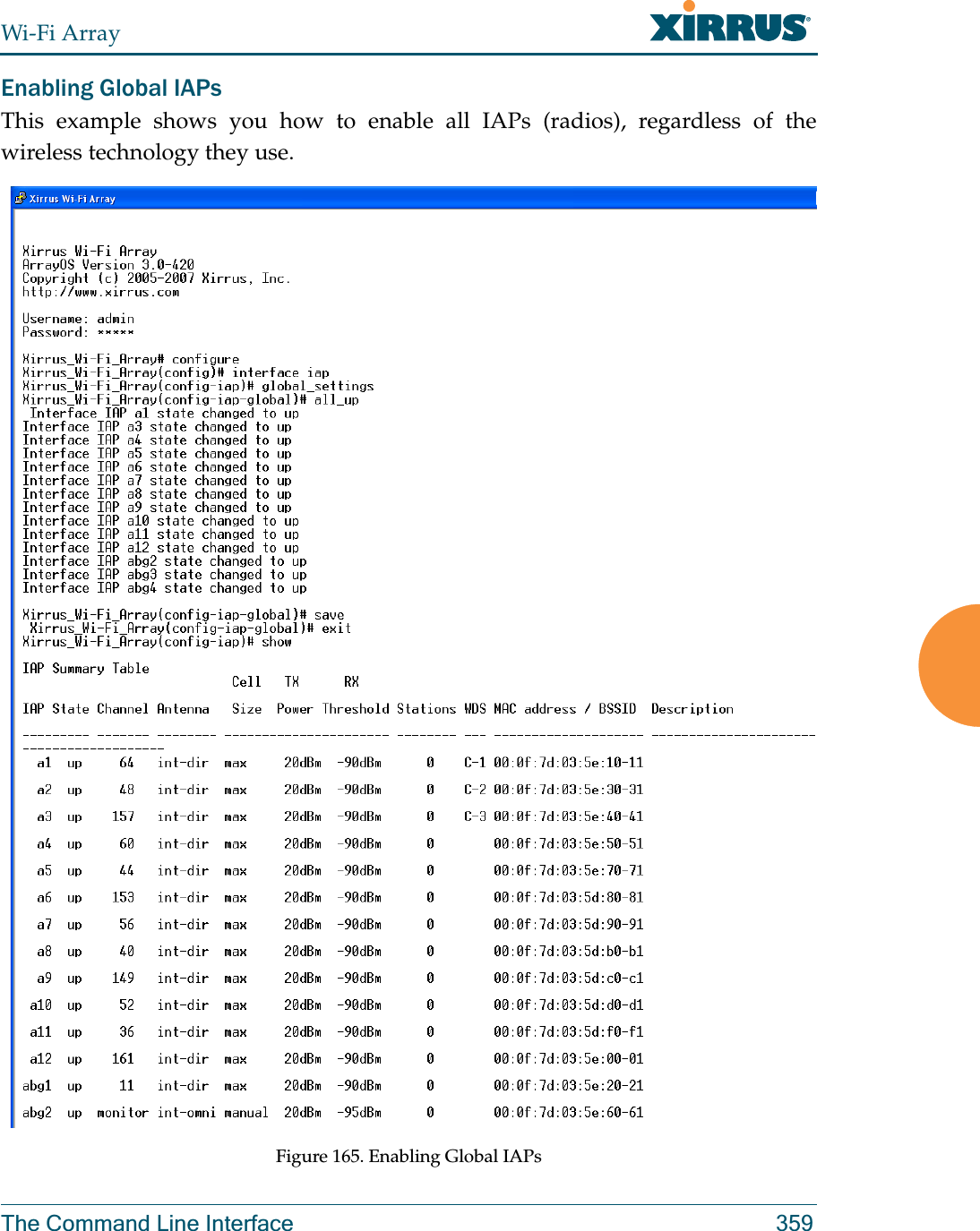 Wi-Fi ArrayThe Command Line Interface 359Enabling Global IAPsThis example shows you how to enable all IAPs (radios), regardless of the wireless technology they use.Figure 165. Enabling Global IAPs