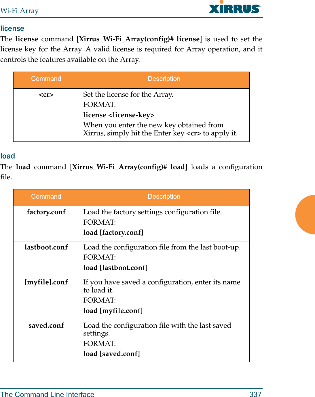 Wi-Fi ArrayThe Command Line Interface 337licenseThe license command [Xirrus_Wi-Fi_Array(config)# license] is used to set the license key for the Array. A valid license is required for Array operation, and it controls the features available on the Array. load The  load command [Xirrus_Wi-Fi_Array(config)# load] loads a configuration file.Command Description&lt;cr&gt; Set the license for the Array.FORMAT:license &lt;license-key&gt;When you enter the new key obtained from Xirrus, simply hit the Enter key &lt;cr&gt; to apply it.Command Descriptionfactory.conf Load the factory settings configuration file. FORMAT:load [factory.conf]lastboot.conf Load the configuration file from the last boot-up. FORMAT:load [lastboot.conf][myfile].conf If you have saved a configuration, enter its name to load it. FORMAT:load [myfile.conf]saved.conf Load the configuration file with the last saved settings. FORMAT:load [saved.conf]