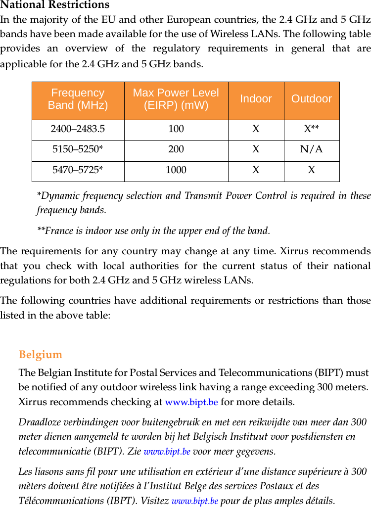National RestrictionsIn the majority of the EU and other European countries, the 2.4 GHz and 5 GHz bands have been made available for the use of Wireless LANs. The following table provides an overview of the regulatory requirements in general that are applicable for the 2.4 GHz and 5 GHz bands.*Dynamic frequency selection and Transmit Power Control is required in these frequency bands.**France is indoor use only in the upper end of the band.The requirements for any country may change at any time. Xirrus recommends that you check with local authorities for the current status of their national regulations for both 2.4 GHz and 5 GHz wireless LANs.The following countries have additional requirements or restrictions than those listed in the above table:BelgiumThe Belgian Institute for Postal Services and Telecommunications (BIPT) must be notified of any outdoor wireless link having a range exceeding 300 meters. Xirrus recommends checking at www.bipt.be for more details.Draadloze verbindingen voor buitengebruik en met een reikwijdte van meer dan 300 meter dienen aangemeld te worden bij het Belgisch Instituut voor postdiensten en telecommunicatie (BIPT). Zie www.bipt.be voor meer gegevens.Les liasons sans fil pour une utilisation en extérieur d’une distance supérieure à 300 mèters doivent être notifiées à l’Institut Belge des services Postaux et des Télécommunications (IBPT). Visitez www.bipt.be pour de plus amples détails.Frequency Band (MHz) Max Power Level (EIRP) (mW) Indoor  Outdoor 2400–2483.5 100 X X**5150–5250* 200 X N/A5470–5725* 1000 X X