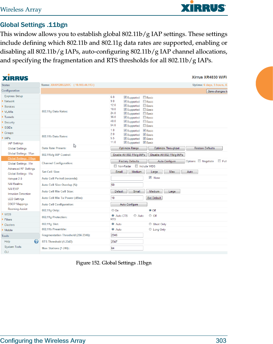 Wireless ArrayConfiguring the Wireless Array 303Global Settings .11bgnThis window allows you to establish global 802.11b/g IAP settings. These settings include defining which 802.11b and 802.11g data rates are supported, enabling or disabling all 802.11b/g IAPs, auto-configuring 802.11b/g IAP channel allocations, and specifying the fragmentation and RTS thresholds for all 802.11b/g IAPs.Figure 152. Global Settings .11bgn