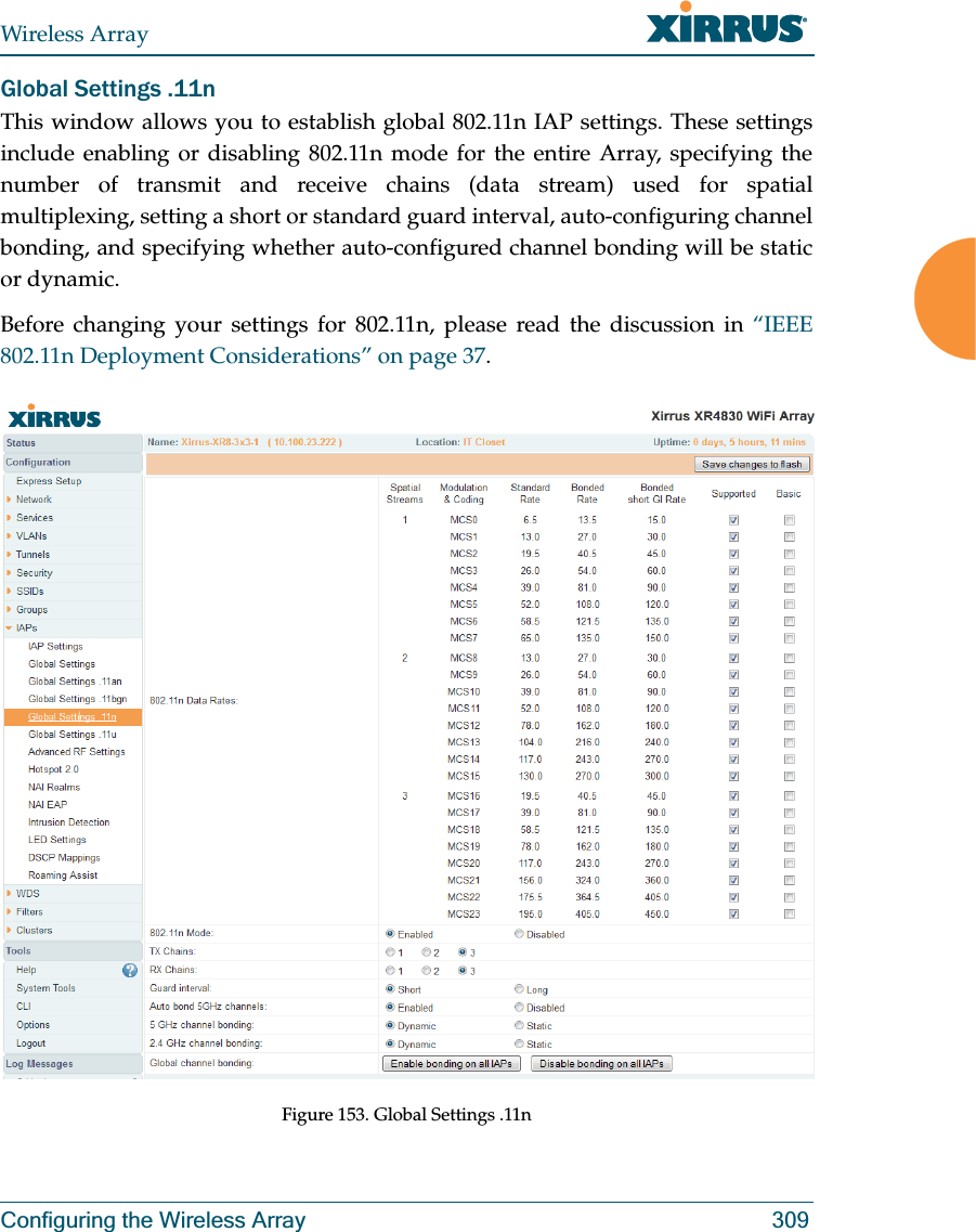 Wireless ArrayConfiguring the Wireless Array 309Global Settings .11nThis window allows you to establish global 802.11n IAP settings. These settings include enabling or disabling 802.11n mode for the entire Array, specifying the number of transmit and receive chains (data stream) used for spatial multiplexing, setting a short or standard guard interval, auto-configuring channel bonding, and specifying whether auto-configured channel bonding will be static or dynamic.Before changing your settings for 802.11n, please read the discussion in “IEEE 802.11n Deployment Considerations” on page 37. Figure 153. Global Settings .11n 