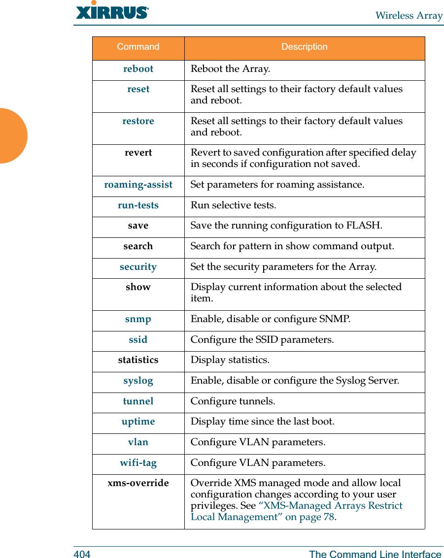 Wireless Array404 The Command Line Interfacereboot Reboot the Array.reset Reset all settings to their factory default values and reboot.restore Reset all settings to their factory default values and reboot.revert  Revert to saved configuration after specified delay in seconds if configuration not saved.roaming-assist Set parameters for roaming assistance.run-tests Run selective tests.save Save the running configuration to FLASH.search Search for pattern in show command output.security Set the security parameters for the Array.show Display current information about the selected item.snmp Enable, disable or configure SNMP.ssid Configure the SSID parameters.statistics Display statistics.syslog Enable, disable or configure the Syslog Server.tunnel Configure tunnels.uptime Display time since the last boot.vlan Configure VLAN parameters.wifi-tag Configure VLAN parameters.xms-override Override XMS managed mode and allow local configuration changes according to your user privileges. See “XMS-Managed Arrays Restrict Local Management” on page 78.Command Description