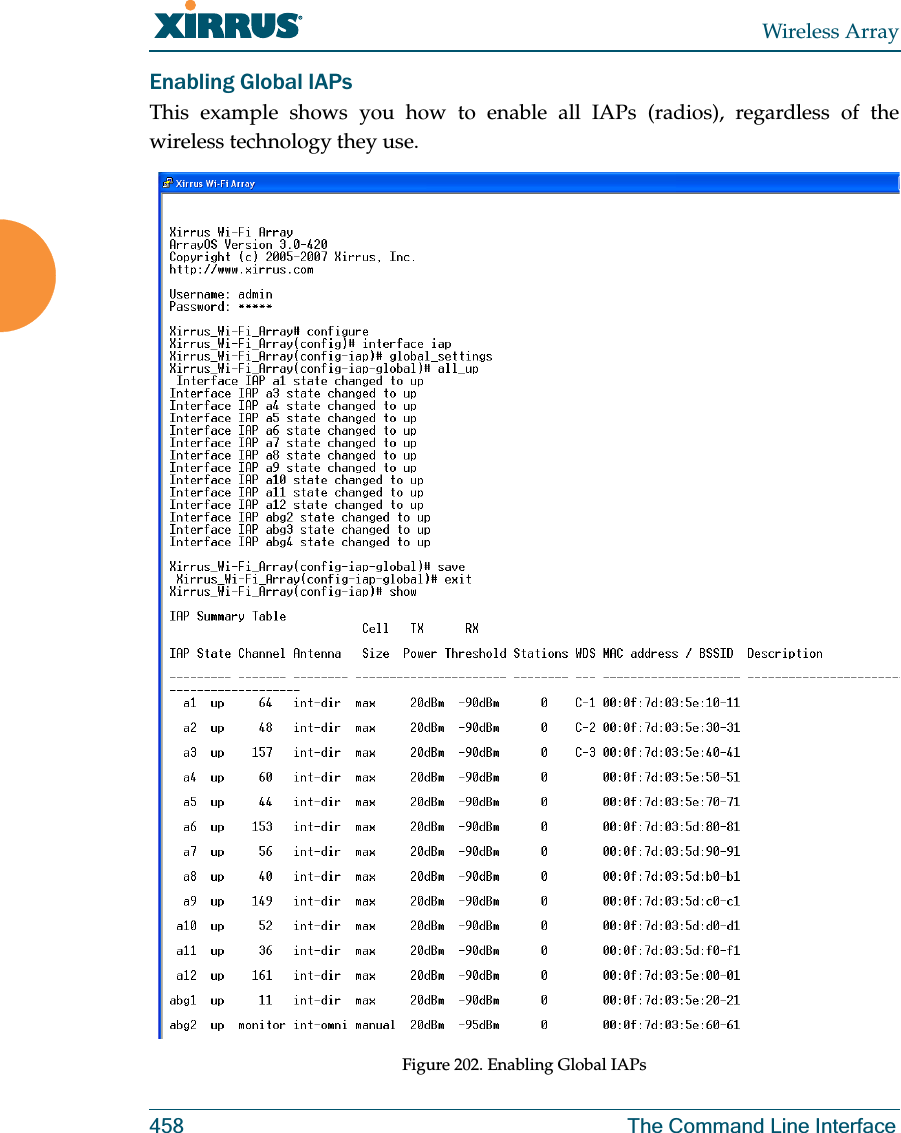 Wireless Array458 The Command Line InterfaceEnabling Global IAPsThis example shows you how to enable all IAPs (radios), regardless of the wireless technology they use.Figure 202. Enabling Global IAPs