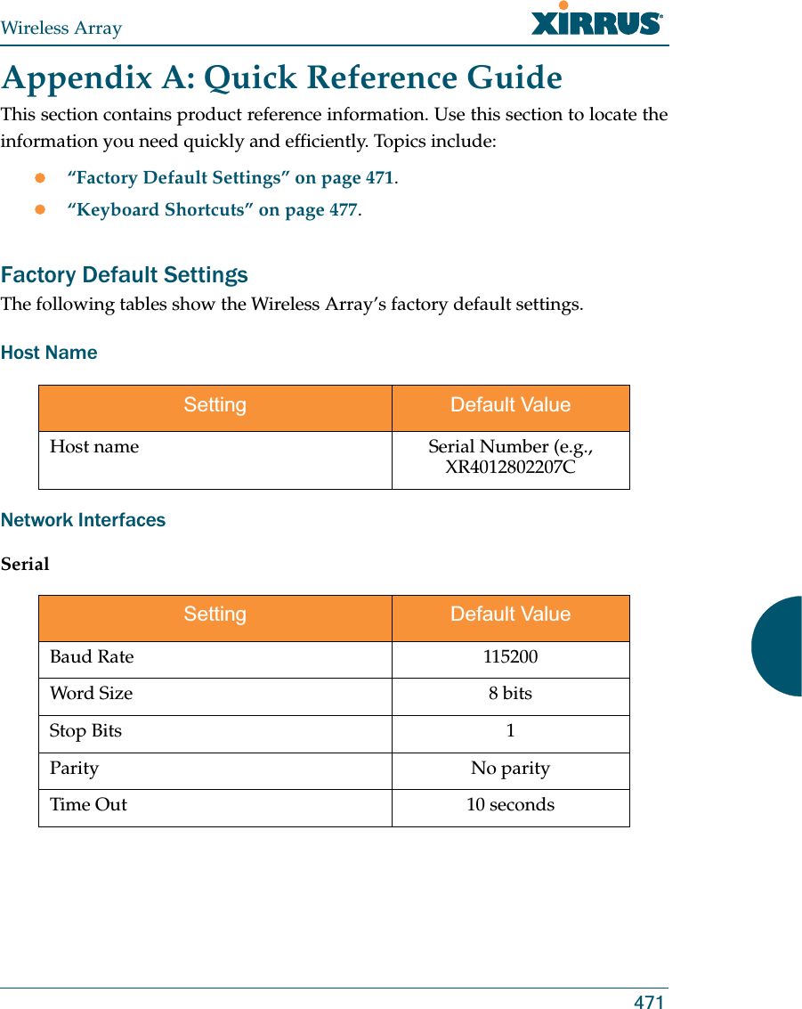 Wireless Array471Appendix A: Quick Reference GuideThis section contains product reference information. Use this section to locate the information you need quickly and efficiently. Topics include:z“Factory Default Settings” on page 471.z“Keyboard Shortcuts” on page 477.Factory Default SettingsThe following tables show the Wireless Array’s factory default settings.Host NameNetwork InterfacesSerialSetting Default ValueHost name Serial Number (e.g., XR4012802207CSetting Default ValueBaud Rate 115200Word Size 8 bitsStop Bits 1Parity No parityTime Out 10 seconds