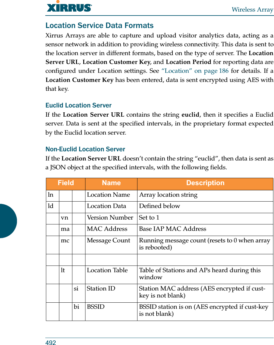 Wireless Array492Location Service Data FormatsXirrus Arrays are able to capture and upload visitor analytics data, acting as a sensor network in addition to providing wireless connectivity. This data is sent to the location server in different formats, based on the type of server. The Location Server URL, Location Customer Key, and Location Period for reporting data are configured under Location settings. See “Location” on page 186 for details. If a Location Customer Key has been entered, data is sent encrypted using AES with that key. Euclid Location ServerIf the Location Server URL contains the string euclid, then it specifies a Euclid server. Data is sent at the specified intervals, in the proprietary format expected by the Euclid location server.Non-Euclid Location ServerIf the Location Server URL doesn’t contain the string “euclid”, then data is sent as a JSON object at the specified intervals, with the following fields. Field Name Descriptionln Location Name Array location stringld Location Data Defined belowvn Version Number Set to 1ma MAC Address  Base IAP MAC Addressmc Message Count Running message count (resets to 0 when array is rebooted)lt Location Table Table of Stations and APs heard during this windowsi Station ID Station MAC address (AES encrypted if cust-key is not blank)bi BSSID BSSID station is on (AES encrypted if cust-key is not blank) 