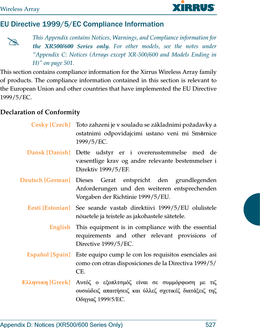 Wireless ArrayAppendix D: Notices (XR500/600 Series Only) 527EU Directive 1999/5/EC Compliance InformationThis section contains compliance information for the Xirrus Wireless Array family of products. The compliance information contained in this section is relevant to the European Union and other countries that have implemented the EU Directive 1999/5/EC.Declaration of Conformity#This Appendix contains Notices, Warnings, and Compliance information forthe XR500/600 Series only. For other models, see the notes under “Appendix C: Notices (Arrays except XR-500/600 and Models Ending in H)” on page 501. Cesky [Czech] Toto zahzeni je v souladu se základnimi požadavky a ostatnimi odpovidajcimi ustano veni mi Smrnice 1999/5/EC.Dansk [Danish] Dette udstyr er i overensstemmelse med de væsentlige krav og andre relevante bestemmelser i Direktiv 1999/5/EF.Deutsch [German] Dieses Gerat entspricht den grundlegenden Anforderungen und den weiteren entsprechenden Vorgaben der Richtinie 1999/5/EU.Eesti [Estonian] See seande vastab direktiivi 1999/5/EU olulistele nöuetele ja teistele as jakohastele sätetele.English This equipment is in compliance with the essential requirements and other relevant provisions of Directive 1999/5/EC.Español [Spain] Este equipo cump le con los requisitos esenciales asi como con otras disposiciones de la Directiva 1999/5/CE. [Greek]                 1999/5/EC.