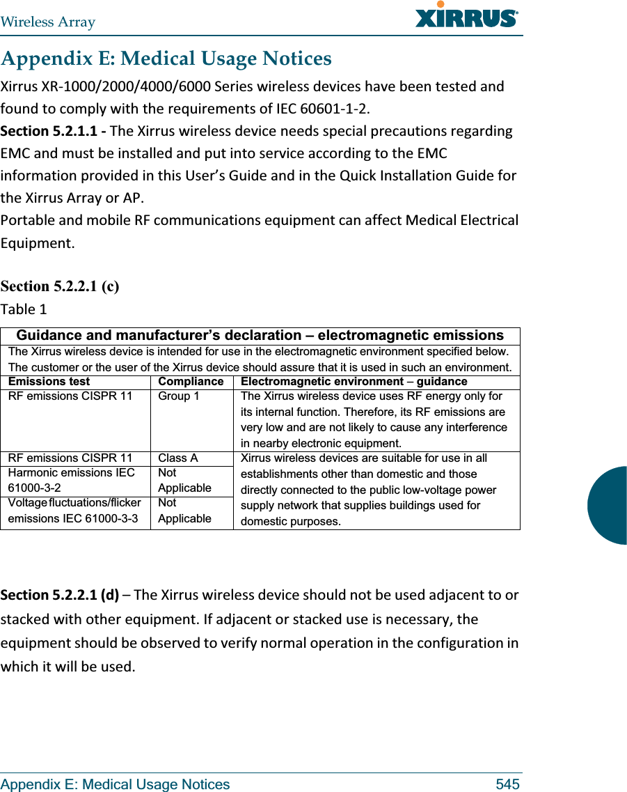 Wireless ArrayAppendix E: Medical Usage Notices 545Appendix E: Medical Usage NoticesXirrusXR1000/2000/4000/6000SerieswirelessdeviceshavebeentestedandfoundtocomplywiththerequirementsofIEC6060112.Section5.2.1.1TheXirruswirelessdeviceneedsspecialprecautionsregardingEMCandmustbeinstalledandputintoserviceaccordingtotheEMCinformationprovidedinthisUser’sGuideandintheQuickInstallationGuidefortheXirrusArrayorAP.PortableandmobileRFcommunicationsequipmentcanaffectMedicalElectricalEquipment.Section 5.2.2.1 (c) Table1Section5.2.2.1(d)–TheXirruswirelessdeviceshouldnotbeusedadjacenttoorstackedwithotherequipment.Ifadjacentorstackeduseisnecessary,theequipmentshouldbeobservedtoverifynormaloperationintheconfigurationinwhichitwillbeused.Guidance and manufacturer’s declaration – electromagnetic emissionsThe Xirrus wireless device is intended for use in the electromagnetic environment specified below. The customer or the user of the Xirrus device should assure that it is used in such an environment.Emissions test Compliance Electromagnetic environment – guidanceRF emissions CISPR 11 Group 1 The Xirrus wireless device uses RF energy only for its internal function. Therefore, its RF emissions are very low and are not likely to cause any interference in nearby electronic equipment.RF emissions CISPR 11 Class A  Xirrus wireless devices are suitable for use in all establishments other than domestic and those directly connected to the public low-voltage power supply network that supplies buildings used for domestic purposes.Harmonic emissions IEC 61000-3-2Not ApplicableVoltage fluctuations/flicker emissions IEC 61000-3-3Not Applicable