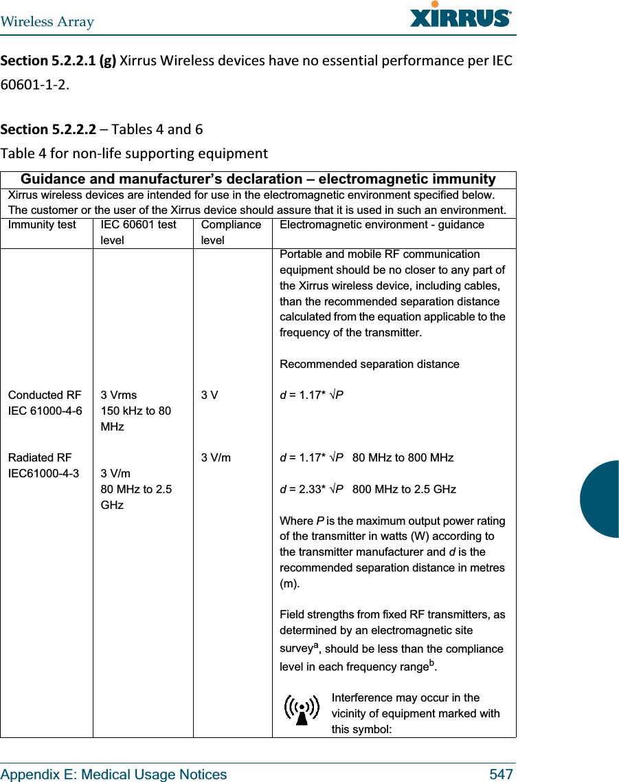 Wireless ArrayAppendix E: Medical Usage Notices 547Section5.2.2.1(g)XirrusWirelessdeviceshavenoessentialperformanceperIEC6060112. Section5.2.2.2–Tables4and6Table4fornonlifesupportingequipmentGuidance and manufacturer’s declaration – electromagnetic immunityXirrus wireless devices are intended for use in the electromagnetic environment specified below. The customer or the user of the Xirrus device should assure that it is used in such an environment.Immunity test IEC 60601 test levelCompliance levelElectromagnetic environment - guidanceConducted RFIEC 61000-4-6Radiated RFIEC61000-4-33 Vrms150 kHz to 80 MHz3 V/m80 MHz to 2.5 GHz3 V3 V/mPortable and mobile RF communication equipment should be no closer to any part of the Xirrus wireless device, including cables, than the recommended separation distance calculated from the equation applicable to the frequency of the transmitter.Recommended separation distanced = 1.17* Pd = 1.17* P   80 MHz to 800 MHzd = 2.33* P   800 MHz to 2.5 GHzWhere P is the maximum output power rating of the transmitter in watts (W) according to the transmitter manufacturer and d is the recommended separation distance in metres (m).Field strengths from fixed RF transmitters, as determined by an electromagnetic site surveya, should be less than the compliance level in each frequency rangeb.Interference may occur in the vicinity of equipment marked with this symbol: 