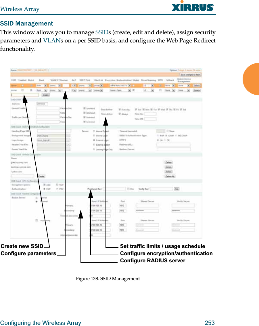 Wireless ArrayConfiguring the Wireless Array 253SSID ManagementThis window allows you to manage SSIDs (create, edit and delete), assign security parameters and VLANs on a per SSID basis, and configure the Web Page Redirect functionality. Figure 138. SSID Management Create new SSID Configure parametersSet traffic limits / usage scheduleConfigure encryption/authenticationConfigure RADIUS server