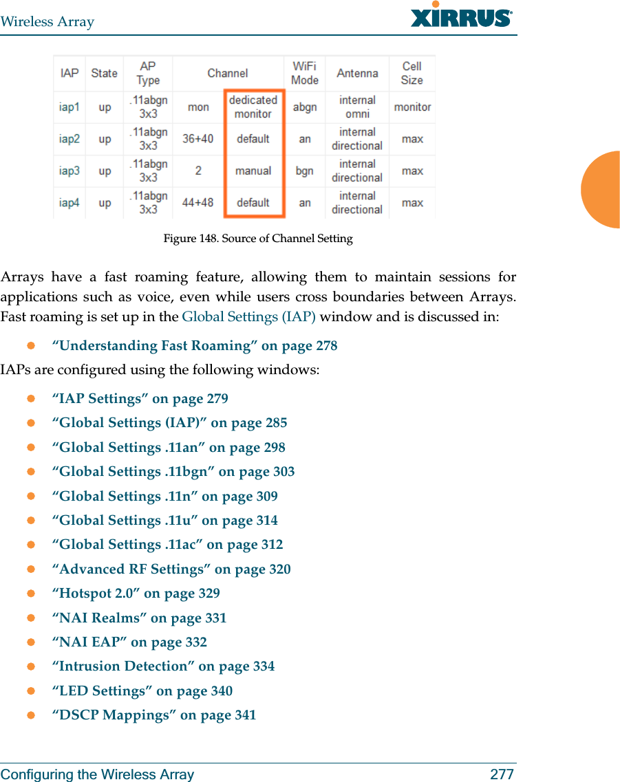 Wireless ArrayConfiguring the Wireless Array 277Figure 148. Source of Channel Setting Arrays have a fast roaming feature, allowing them to maintain sessions for applications such as voice, even while users cross boundaries between Arrays. Fast roaming is set up in the Global Settings (IAP) window and is discussed in:z“Understanding Fast Roaming” on page 278IAPs are configured using the following windows: z“IAP Settings” on page 279z“Global Settings (IAP)” on page 285z“Global Settings .11an” on page 298z“Global Settings .11bgn” on page 303z“Global Settings .11n” on page 309z“Global Settings .11u” on page 314z“Global Settings .11ac” on page 312z“Advanced RF Settings” on page 320z“Hotspot 2.0” on page 329z“NAI Realms” on page 331z“NAI EAP” on page 332z“Intrusion Detection” on page 334z“LED Settings” on page 340z“DSCP Mappings” on page 341