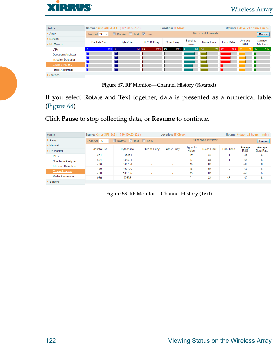 Wireless Array122 Viewing Status on the Wireless ArrayFigure 67. RF Monitor — Channel History (Rotated)If you select Rotate and Tex t  together, data is presented as a numerical table. (Figure 68)Click Pause to stop collecting data, or Resume to continue.Figure  68. RF  Monitor — Channel  History (Text)