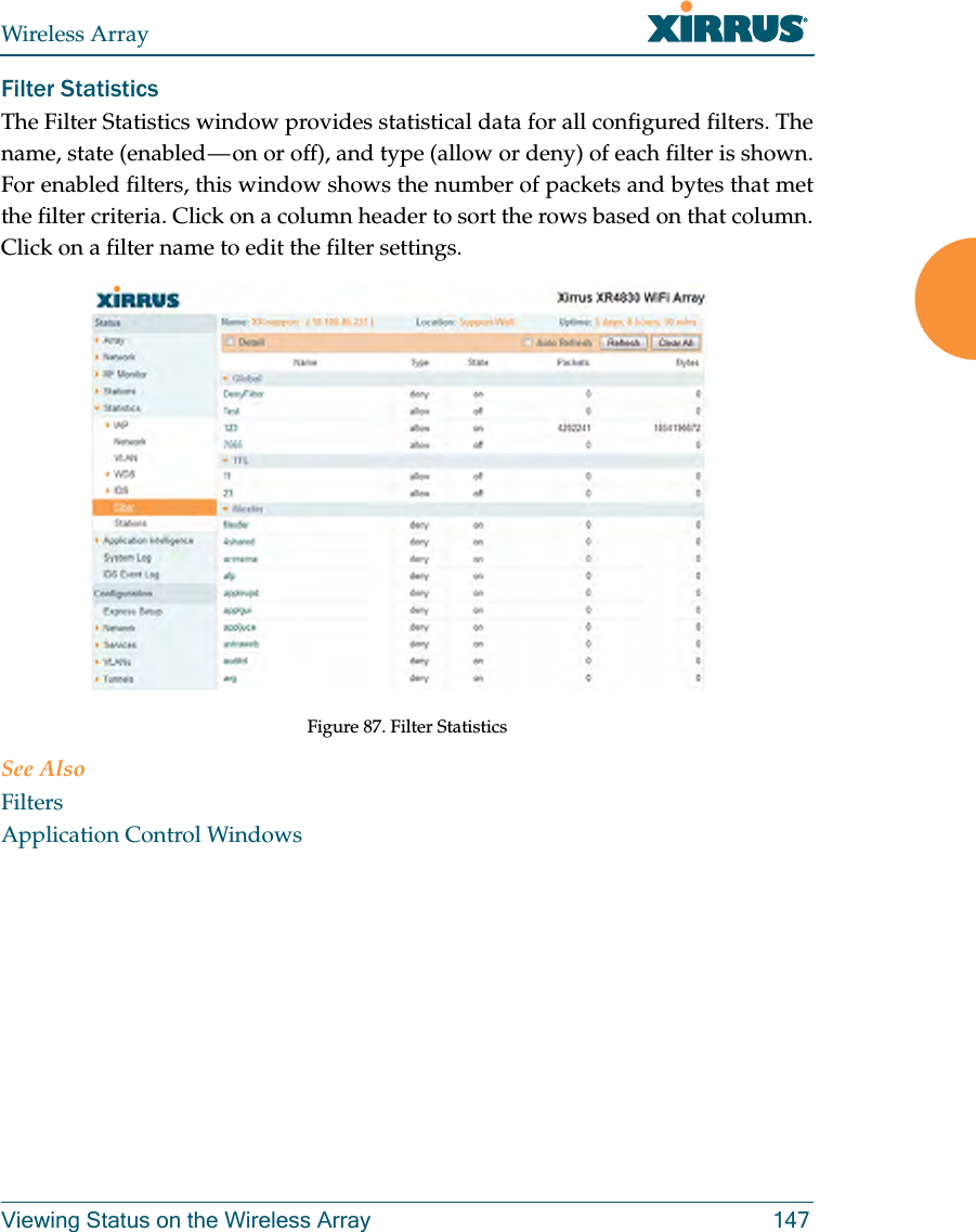 Wireless ArrayViewing Status on the Wireless Array 147Filter Statistics The Filter Statistics window provides statistical data for all configured filters. The name, state (enabled — on or off), and type (allow or deny) of each filter is shown. For enabled filters, this window shows the number of packets and bytes that met the filter criteria. Click on a column header to sort the rows based on that column. Click on a filter name to edit the filter settings. Figure 87. Filter Statistics See AlsoFiltersApplication Control Windows