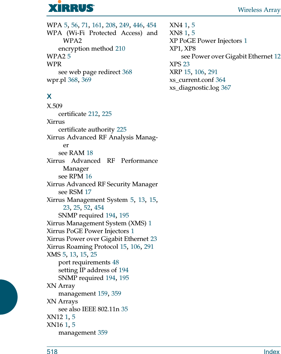 Wireless Array518 IndexWPA 5, 56, 71, 161, 208, 249, 446, 454WPA (Wi-Fi Protected Access) and WPA2encryption method 210WPA2 5WPRsee web page redirect 368wpr.pl 368, 369XX.509certificate 212, 225Xirruscertificate authority 225Xirrus Advanced RF Analysis Manag-ersee RAM 18Xirrus Advanced RF Performance Managersee RPM 16Xirrus Advanced RF Security Managersee RSM 17Xirrus Management System 5, 13, 15, 23, 25, 52, 454SNMP required 194, 195Xirrus Management System (XMS) 1Xirrus PoGE Power Injectors 1Xirrus Power over Gigabit Ethernet 23Xirrus Roaming Protocol 15, 106, 291XMS 5, 13, 15, 25port requirements 48setting IP address of 194SNMP required 194, 195XN Arraymanagement 159, 359XN Arrayssee also IEEE 802.11n 35XN12 1, 5XN16 1, 5management 359XN4 1, 5XN8 1, 5XP PoGE Power Injectors 1XP1, XP8see Power over Gigabit Ethernet 12XPS 23XRP 15, 106, 291xs_current.conf 364xs_diagnostic.log 367