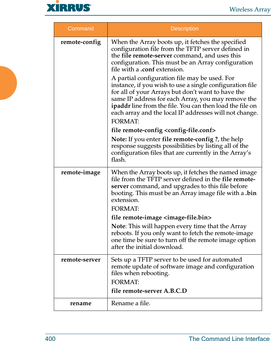 Wireless Array400 The Command Line Interfaceremote-config When the Array boots up, it fetches the specified configuration file from the TFTP server defined in the file remote-server command, and uses this configuration. This must be an Array configuration file with a .conf extension. A partial configuration file may be used. For instance, if you wish to use a single configuration file for all of your Arrays but don&apos;t want to have the same IP address for each Array, you may remove the ipaddr line from the file. You can then load the file on each array and the local IP addresses will not change.FORMAT:file remote-config &lt;config-file.conf&gt; Note: If you enter file remote-config ?, the help response suggests possibilities by listing all of the configuration files that are currently in the Array’s flash.remote-image When the Array boots up, it fetches the named image file from the TFTP server defined in the file remote-server command, and upgrades to this file before booting. This must be an Array image file with a .bin extension.FORMAT:file remote-image &lt;image-file.bin&gt; Note: This will happen every time that the Array reboots. If you only want to fetch the remote-image one time be sure to turn off the remote image option after the initial download.remote-server Sets up a TFTP server to be used for automated remote update of software image and configuration files when rebooting. FORMAT:file remote-server A.B.C.D rename         Rename a file.Command Description