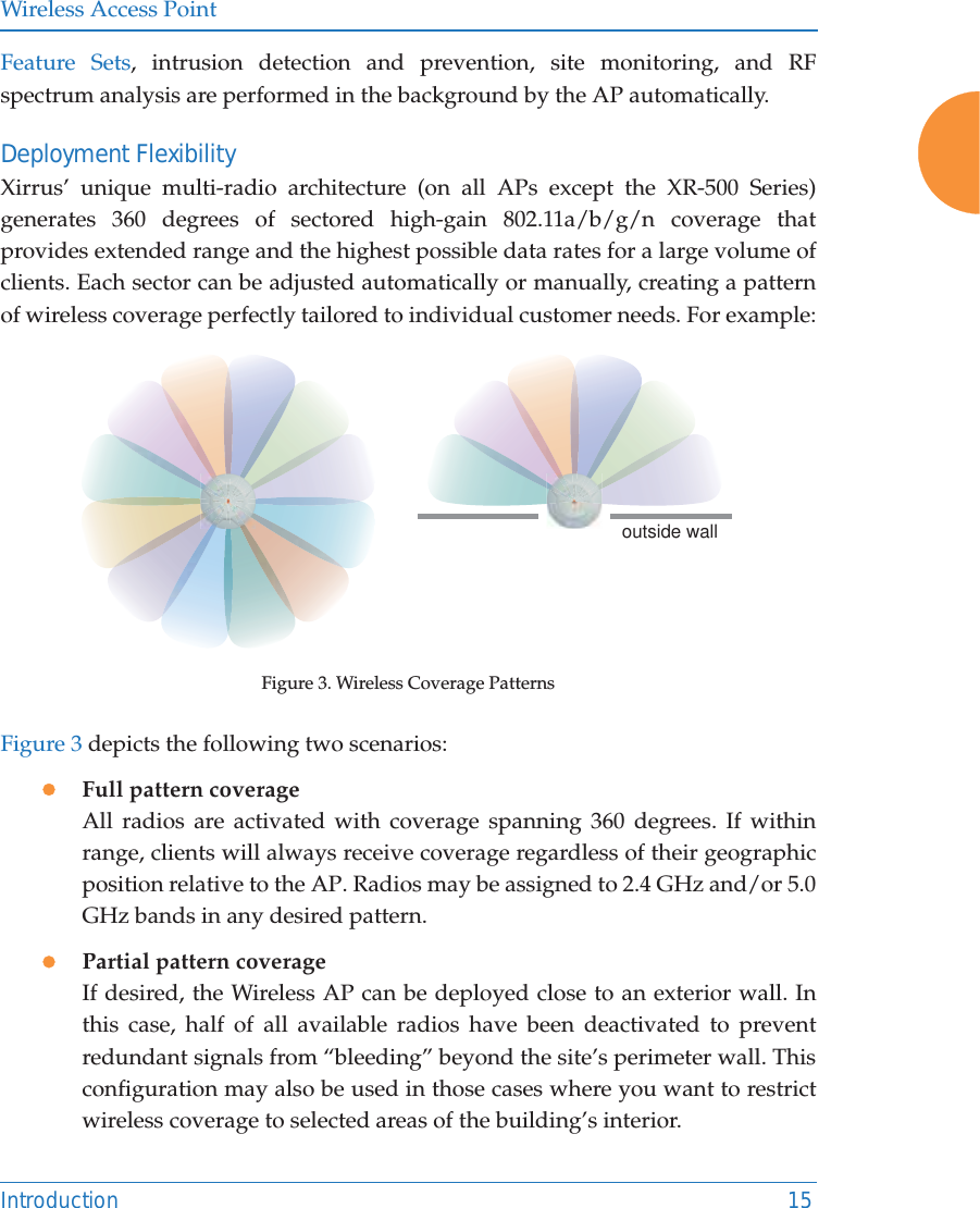 Wireless Access PointIntroduction 15Feature Sets, intrusion detection and prevention, site monitoring, and RF spectrum analysis are performed in the background by the AP automatically.Deployment FlexibilityXirrus’ unique multi-radio architecture (on all APs except the XR-500 Series) generates 360 degrees of sectored high-gain 802.11a/b/g/n coverage that provides extended range and the highest possible data rates for a large volume of clients. Each sector can be adjusted automatically or manually, creating a pattern of wireless coverage perfectly tailored to individual customer needs. For example:Figure 3. Wireless Coverage PatternsFigure 3 depicts the following two scenarios:zFull pattern coverageAll radios are activated with coverage spanning 360 degrees. If within range, clients will always receive coverage regardless of their geographic position relative to the AP. Radios may be assigned to 2.4 GHz and/or 5.0 GHz bands in any desired pattern.zPartial pattern coverageIf desired, the Wireless AP can be deployed close to an exterior wall. In this case, half of all available radios have been deactivated to prevent redundant signals from “bleeding” beyond the site’s perimeter wall. This configuration may also be used in those cases where you want to restrict wireless coverage to selected areas of the building’s interior.outside wall