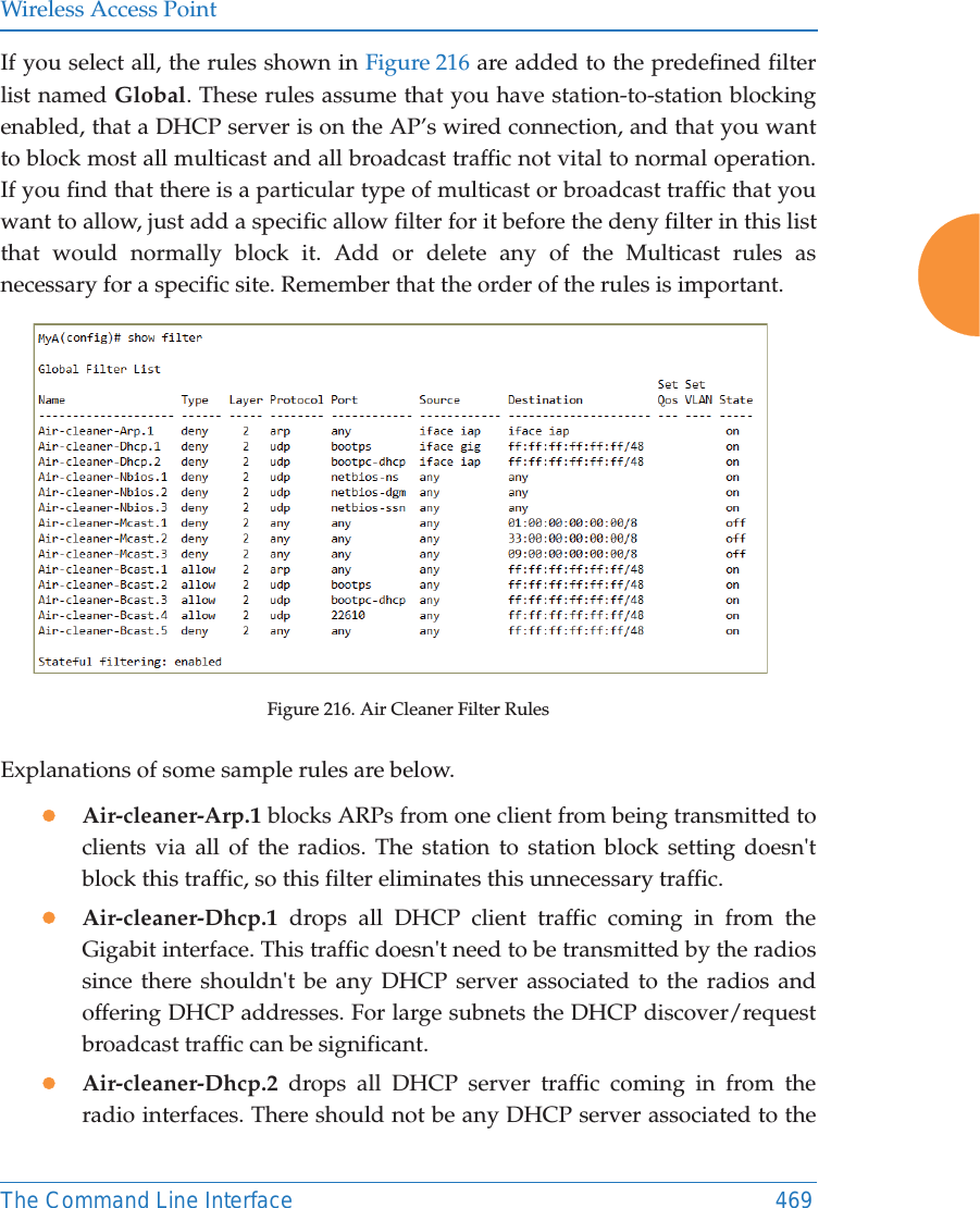 Wireless Access PointThe Command Line Interface 469If you select all, the rules shown in Figure 216 are added to the predefined filter list named Global. These rules assume that you have station-to-station blocking enabled, that a DHCP server is on the AP’s wired connection, and that you want to block most all multicast and all broadcast traffic not vital to normal operation. If you find that there is a particular type of multicast or broadcast traffic that you want to allow, just add a specific allow filter for it before the deny filter in this list that would normally block it. Add or delete any of the Multicast rules as necessary for a specific site. Remember that the order of the rules is important. Figure 216. Air Cleaner Filter RulesExplanations of some sample rules are below.zAir-cleaner-Arp.1 blocks ARPs from one client from being transmitted to clients via all of the radios. The station to station block setting doesn&apos;t block this traffic, so this filter eliminates this unnecessary traffic.zAir-cleaner-Dhcp.1 drops all DHCP client traffic coming in from the Gigabit interface. This traffic doesn&apos;t need to be transmitted by the radios since there shouldn&apos;t be any DHCP server associated to the radios and offering DHCP addresses. For large subnets the DHCP discover/request broadcast traffic can be significant.zAir-cleaner-Dhcp.2 drops all DHCP server traffic coming in from the radio interfaces. There should not be any DHCP server associated to the 