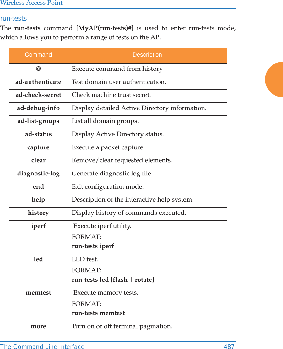 Wireless Access PointThe Command Line Interface 487run-tests The  run-tests command [MyAP(run-tests)#] is used to enter run-tests mode, which allows you to perform a range of tests on the AP.Command Description@Execute command from historyad-authenticate Test domain user authentication.ad-check-secret Check machine trust secret.ad-debug-info Display detailed Active Directory information.ad-list-groups List all domain groups.ad-status Display Active Directory status.capture Execute a packet capture.clear Remove/clear requested elements.diagnostic-log Generate diagnostic log file.end Exit configuration mode.help Description of the interactive help system.history Display history of commands executed.iperf  Execute iperf utility.FORMAT:run-tests iperfled  LED test.FORMAT:run-tests led [flash | rotate] memtest  Execute memory tests.FORMAT:run-tests memtestmore Turn on or off terminal pagination.