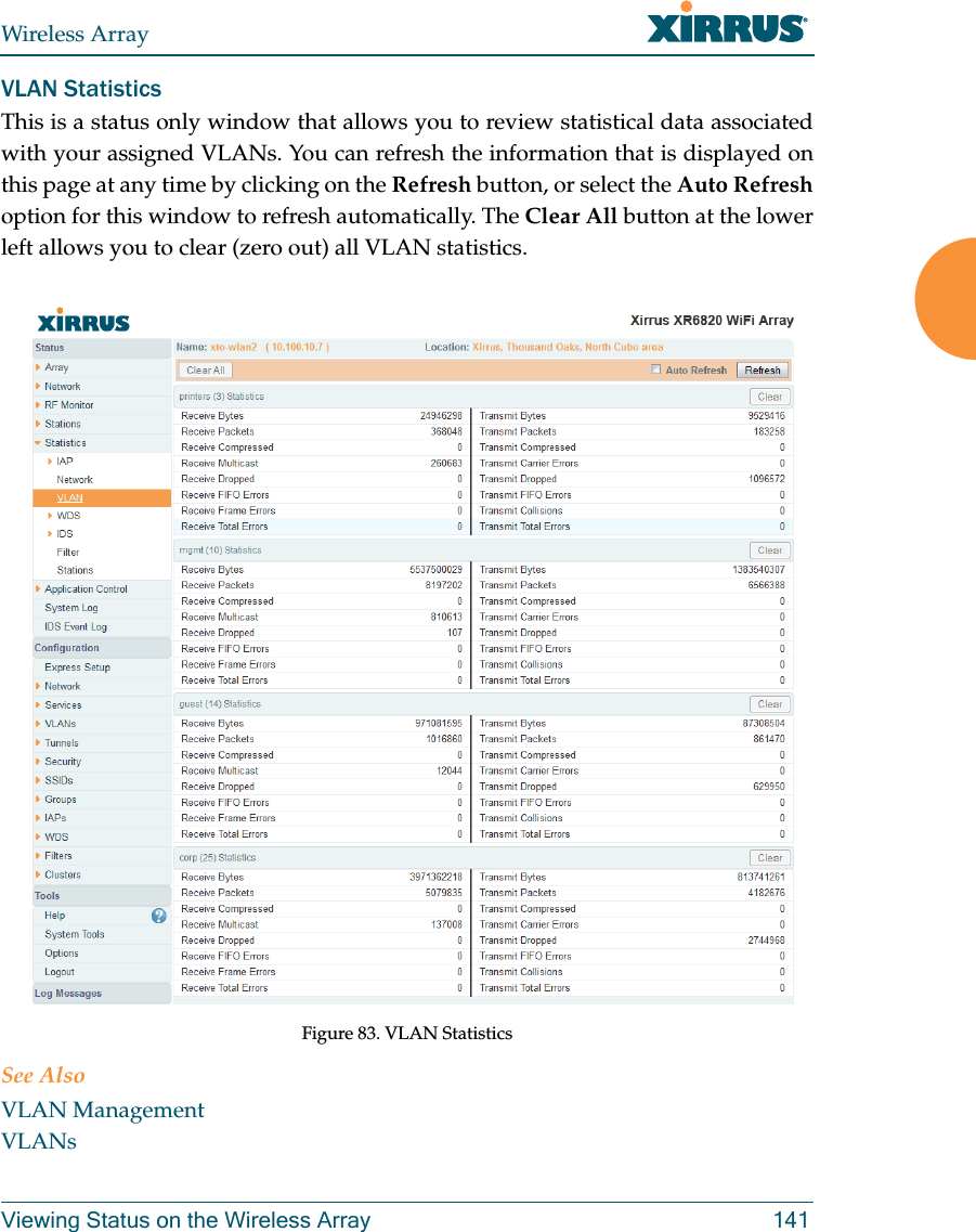 Wireless ArrayViewing Status on the Wireless Array 141VLAN StatisticsThis is a status only window that allows you to review statistical data associated with your assigned VLANs. You can refresh the information that is displayed on this page at any time by clicking on the Refresh button, or select the Auto Refreshoption for this window to refresh automatically. The Clear All button at the lower left allows you to clear (zero out) all VLAN statistics. Figure 83. VLAN Statistics See AlsoVLAN ManagementVLANs