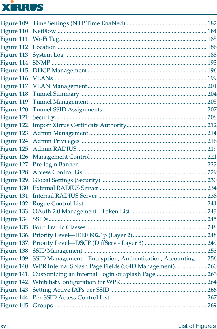 Wi-Fi Arrayxvi List of FiguresFigure 109. Time Settings (NTP Time Enabled)...................................................... 182Figure 110. NetFlow.................................................................................................... 184Figure 111. Wi-Fi Tag.................................................................................................. 185Figure 112. Location.................................................................................................... 186Figure 113. System Log .............................................................................................. 188Figure 114. SNMP ....................................................................................................... 193Figure 115. DHCP Management............................................................................... 196Figure 116. VLANs...................................................................................................... 199Figure 117. VLAN Management............................................................................... 201Figure 118. Tunnel Summary.................................................................................... 204Figure 119. Tunnel Management .............................................................................. 205Figure 120. Tunnel SSID Assignments..................................................................... 207Figure 121. Security..................................................................................................... 208Figure 122. Import Xirrus Certificate Authority..................................................... 212Figure 123. Admin Management .............................................................................. 214Figure 124. Admin Privileges.................................................................................... 216Figure 125. Admin RADIUS...................................................................................... 219Figure 126. Management Control ............................................................................. 221Figure 127. Pre-login Banner ..................................................................................... 222Figure 128. Access Control List................................................................................. 229Figure 129. Global Settings (Security) ...................................................................... 230Figure 130. External RADIUS Server ....................................................................... 234Figure 131. Internal RADIUS Server ........................................................................ 238Figure 132. Rogue Control List ................................................................................. 241Figure 133. OAuth 2.0 Management - Token List .................................................. 243Figure 134. SSIDs......................................................................................................... 245Figure 135. Four Traffic Classes................................................................................ 248Figure 136. Priority Level—IEEE 802.1p (Layer 2)................................................. 248Figure 137. Priority Level—DSCP (DiffServ - Layer 3) ......................................... 249Figure 138. SSID Management.................................................................................. 253Figure 139. SSID Management—Encryption, Authentication, Accounting....... 256Figure 140. WPR Internal Splash Page Fields (SSID Management)..................... 260Figure 141. Customizing an Internal Login or Splash Page.................................. 263Figure 142. Whitelist Configuration for WPR......................................................... 264Figure 143. Setting Active IAPs per SSID ................................................................ 266Figure 144. Per-SSID Access Control List................................................................ 267Figure 145. Groups...................................................................................................... 269