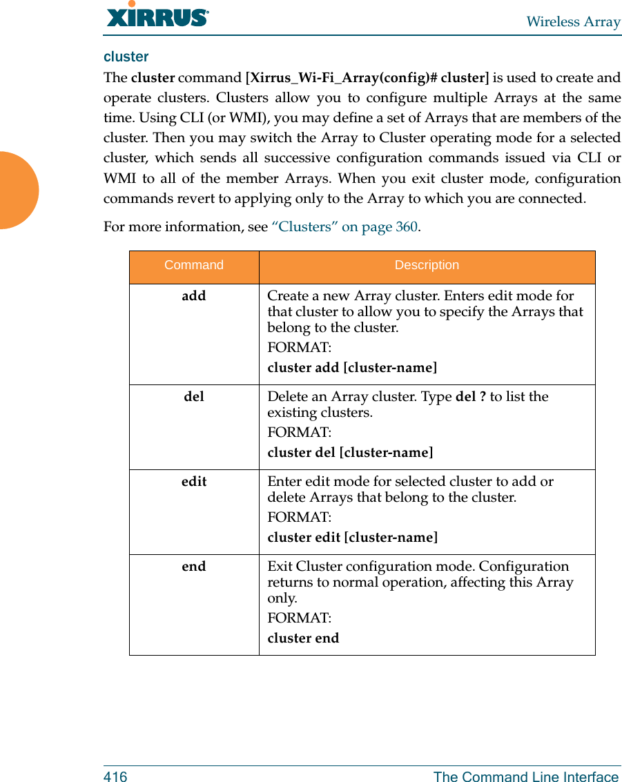 Wireless Array416 The Command Line InterfaceclusterThe cluster command [Xirrus_Wi-Fi_Array(config)# cluster] is used to create and operate clusters. Clusters allow you to configure multiple Arrays at the same time. Using CLI (or WMI), you may define a set of Arrays that are members of the cluster. Then you may switch the Array to Cluster operating mode for a selected cluster, which sends all successive configuration commands issued via CLI or WMI to all of the member Arrays. When you exit cluster mode, configuration commands revert to applying only to the Array to which you are connected.For more information, see “Clusters” on page 360. Command Descriptionadd Create a new Array cluster. Enters edit mode for that cluster to allow you to specify the Arrays that belong to the cluster.FORMAT:cluster add [cluster-name]del Delete an Array cluster. Type del ? to list the existing clusters.FORMAT:cluster del [cluster-name]edit Enter edit mode for selected cluster to add or delete Arrays that belong to the cluster.FORMAT:cluster edit [cluster-name]end  Exit Cluster configuration mode. Configuration returns to normal operation, affecting this Array only.FORMAT:cluster end 