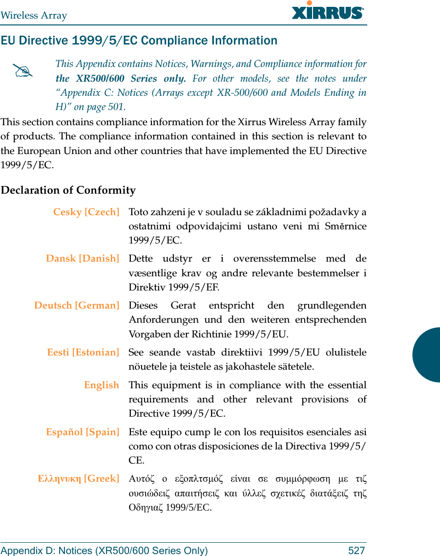 Wireless ArrayAppendix D: Notices (XR500/600 Series Only) 527EU Directive 1999/5/EC Compliance InformationThis section contains compliance information for the Xirrus Wireless Array family of products. The compliance information contained in this section is relevant to the European Union and other countries that have implemented the EU Directive 1999/5/EC.Declaration of ConformityThis Appendix contains Notices, Warnings, and Compliance information forthe XR500/600 Series only. For other models, see the notes under “Appendix C: Notices (Arrays except XR-500/600 and Models Ending in H)” on page 501. Cesky [Czech] Toto zahzeni je v souladu se základnimi požadavky a ostatnimi odpovidajcimi ustano veni mi Směrnice 1999/5/EC.Dansk [Danish] Dette udstyr er i overensstemmelse med de væsentlige krav og andre relevante bestemmelser i Direktiv 1999/5/EF.Deutsch [German] Dieses Gerat entspricht den grundlegenden Anforderungen und den weiteren entsprechenden Vorgaben der Richtinie 1999/5/EU.Eesti [Estonian] See seande vastab direktiivi 1999/5/EU olulistele nöuetele ja teistele as jakohastele sätetele.English This equipment is in compliance with the essential requirements and other relevant provisions of Directive 1999/5/EC.Español [Spain] Este equipo cump le con los requisitos esenciales asi como con otras disposiciones de la Directiva 1999/5/CE.Ελληνυκη [Greek] Αυτόζ ο εξοπλτσμόζ είναι σε συμμόρφωση με τιζ ουσιώδειζ απαιτήσειζ και ύλλεζ σχετικέζ διατάξειζ τηζ Οδηγιαζ 1999/5/EC.