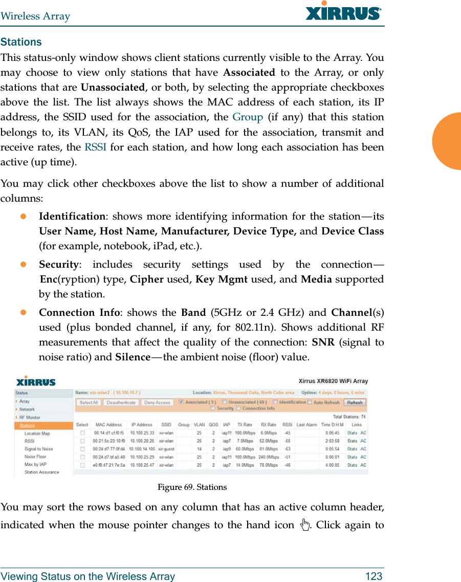 Wireless ArrayViewing Status on the Wireless Array 123StationsThis status-only window shows client stations currently visible to the Array. You may choose to view only stations that have Associated to the Array, or only stations that are Unassociated, or both, by selecting the appropriate checkboxes above the list. The list always shows the MAC address of each station, its IP address, the SSID used for the association, the Group (if any) that this station belongs to, its VLAN, its QoS, the IAP used for the association, transmit and receive rates, the RSSI for each station, and how long each association has been active (up time).You may click other checkboxes above the list to show a number of additional columns:Identification: shows more identifying information for the station — its User Name, Host Name, Manufacturer, Device Type, and Device Class(for example, notebook, iPad, etc.). Security: includes security settings used by the connection — Enc(ryption) type, Cipher used, Key Mgmt used, and Media supported by the station.Connection Info: shows the Band (5GHz or 2.4 GHz) and Channel(s) used (plus bonded channel, if any, for 802.11n). Shows additional RF measurements that affect the quality of the connection: SNR (signal to noise ratio) and Silence — the ambient noise (floor) value. Figure 69. Stations You may sort the rows based on any column that has an active column header, indicated when the mouse pointer changes to the hand icon  . Click again to 