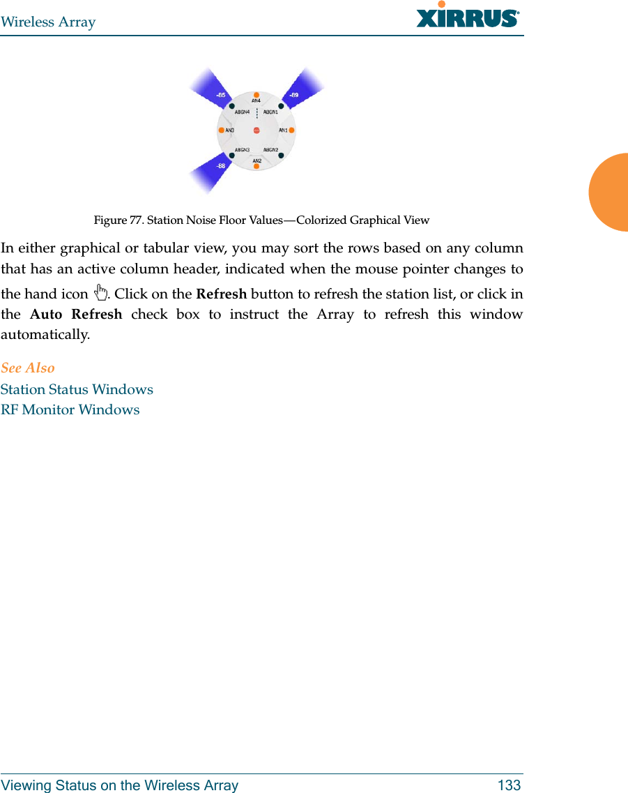 Wireless ArrayViewing Status on the Wireless Array 133Figure 77. Station Noise Floor Values — Colorized Graphical View In either graphical or tabular view, you may sort the rows based on any column that has an active column header, indicated when the mouse pointer changes to the hand icon  . Click on the Refresh button to refresh the station list, or click in the  Auto Refresh check box to instruct the Array to refresh this window automatically. See AlsoStation Status WindowsRF Monitor Windows