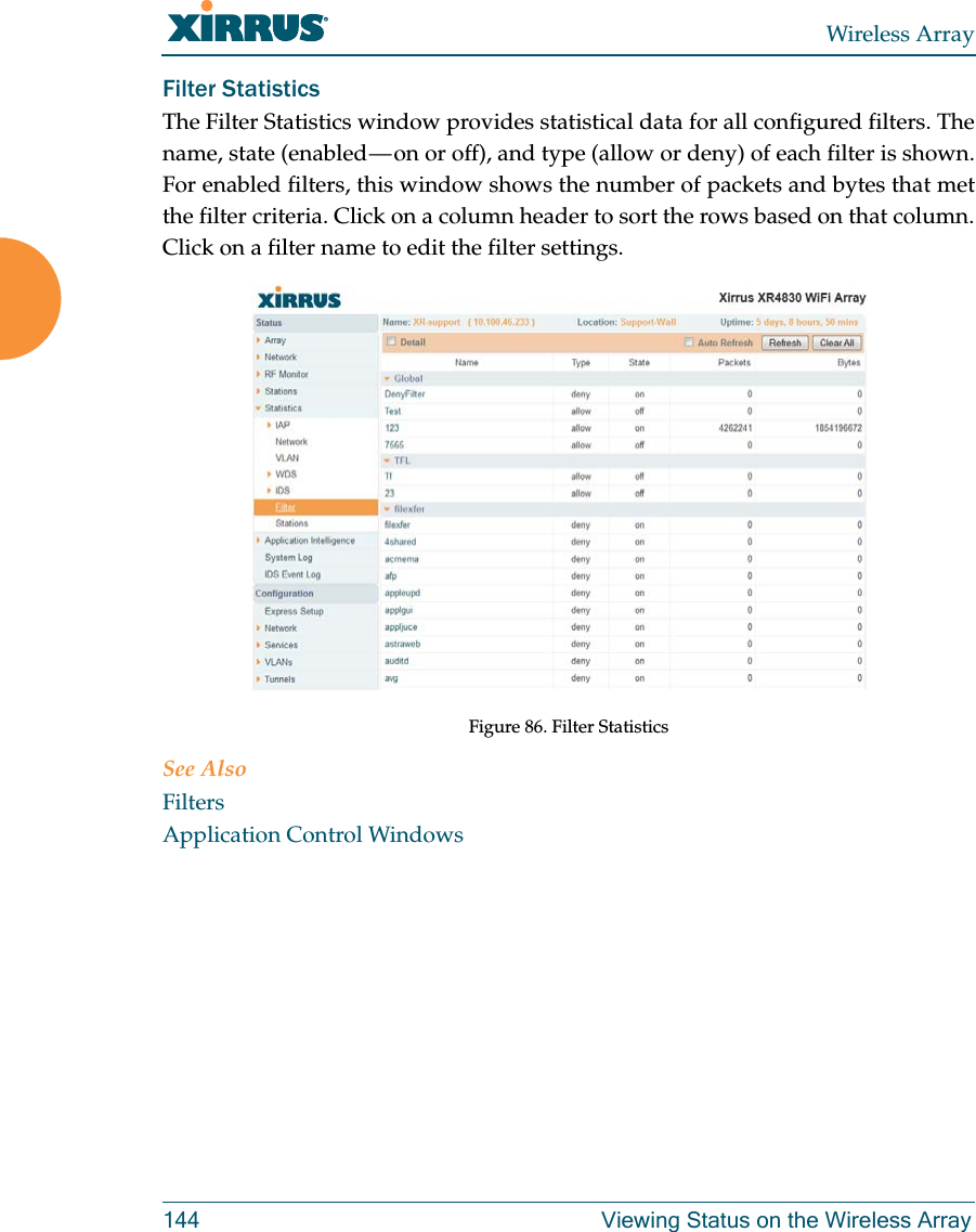 Wireless Array144 Viewing Status on the Wireless ArrayFilter Statistics The Filter Statistics window provides statistical data for all configured filters. The name, state (enabled — on or off), and type (allow or deny) of each filter is shown. For enabled filters, this window shows the number of packets and bytes that met the filter criteria. Click on a column header to sort the rows based on that column. Click on a filter name to edit the filter settings. Figure 86. Filter Statistics See AlsoFiltersApplication Control Windows