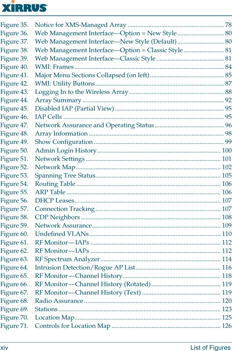 Wi-Fi Arrayxiv List of FiguresFigure 35. Notice for XMS-Managed Array ............................................................ 78Figure 36. Web Management Interface—Option = New Style............................. 80Figure 37. Web Management Interface—New Style (Default)............................. 80Figure 38. Web Management Interface—Option = Classic Style ......................... 81Figure 39. Web Management Interface—Classic Style.......................................... 81Figure 40. WMI: Frames............................................................................................. 84Figure 41. Major Menu Sections Collapsed (on left).............................................. 85Figure 42. WMI: Utility Buttons................................................................................ 87Figure 43. Logging In to the Wireless Array........................................................... 88Figure 44. Array Summary ........................................................................................ 92Figure 45. Disabled IAP (Partial View).................................................................... 95Figure 46. IAP Cells .................................................................................................... 95Figure 47. Network Assurance and Operating Status........................................... 96Figure 48. Array Information .................................................................................... 98Figure 49. Show Configuration................................................................................. 99Figure 50. Admin Login History............................................................................. 100Figure 51. Network Settings .................................................................................... 101Figure 52. Network Map.......................................................................................... 102Figure 53. Spanning Tree Status.............................................................................. 105Figure 54. Routing Table.......................................................................................... 106Figure 55. ARP Table ................................................................................................ 106Figure 56. DHCP Leases........................................................................................... 107Figure 57. Connection Tracking.............................................................................. 107Figure 58. CDP Neighbors....................................................................................... 108Figure 59. Network Assurance................................................................................ 109Figure 60. Undefined VLANs.................................................................................. 110Figure 61. RF Monitor — IAPs ................................................................................. 112Figure 62. RF Monitor — IAPs ................................................................................. 112Figure 63. RF Spectrum Analyzer........................................................................... 114Figure 64. Intrusion Detection/Rogue AP List..................................................... 116Figure 65. RF Monitor — Channel History............................................................. 118Figure 66. RF Monitor — Channel History (Rotated) ........................................... 119Figure 67. RF Monitor — Channel History (Text) ................................................. 119Figure 68. Radio Assurance..................................................................................... 120Figure 69. Stations..................................................................................................... 123Figure 70. Location Map........................................................................................... 125Figure 71. Controls for Location Map.................................................................... 126