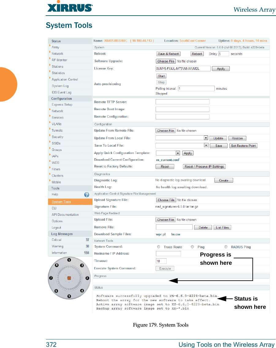 Wireless Array372 Using Tools on the Wireless ArraySystem ToolsFigure 179. System ToolsStatus is shown hereProgress is shown here