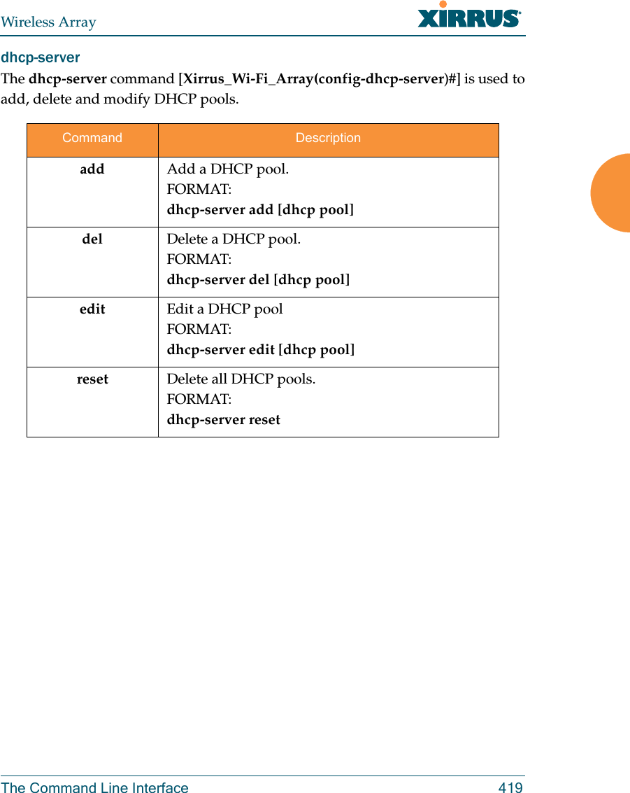 Wireless ArrayThe Command Line Interface 419dhcp-server The dhcp-server command [Xirrus_Wi-Fi_Array(config-dhcp-server)#] is used to add, delete and modify DHCP pools.Command Descriptionadd Add a DHCP pool.FORMAT:dhcp-server add [dhcp pool]del Delete a DHCP pool.FORMAT:dhcp-server del [dhcp pool]edit Edit a DHCP poolFORMAT:dhcp-server edit [dhcp pool]reset Delete all DHCP pools.FORMAT:dhcp-server reset