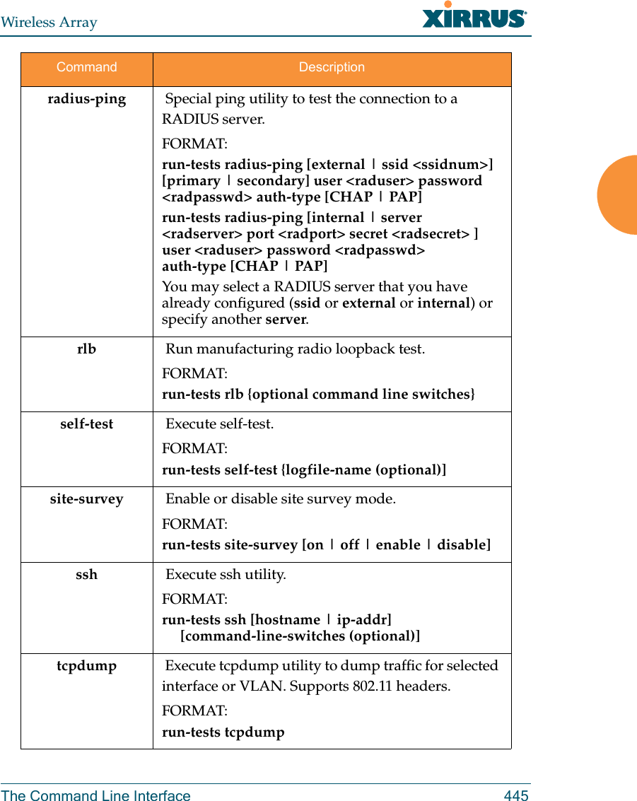 Wireless ArrayThe Command Line Interface 445radius-ping  Special ping utility to test the connection to a RADIUS server.FORMAT:run-tests radius-ping [external | ssid &lt;ssidnum&gt;] [primary | secondary] user &lt;raduser&gt; password &lt;radpasswd&gt; auth-type [CHAP | PAP]run-tests radius-ping [internal | server &lt;radserver&gt; port &lt;radport&gt; secret &lt;radsecret&gt; ] user &lt;raduser&gt; password &lt;radpasswd&gt; auth-type [CHAP | PAP]You may select a RADIUS server that you have already configured (ssid or external or internal) or specify another server. rlb  Run manufacturing radio loopback test.FORMAT:run-tests rlb {optional command line switches}self-test  Execute self-test.FORMAT:run-tests self-test {logfile-name (optional)]site-survey  Enable or disable site survey mode.FORMAT:run-tests site-survey [on | off | enable | disable] ssh  Execute ssh utility.FORMAT:run-tests ssh [hostname | ip-addr]      [command-line-switches (optional)] tcpdump  Execute tcpdump utility to dump traffic for selected interface or VLAN. Supports 802.11 headers.FORMAT:run-tests tcpdumpCommand Description