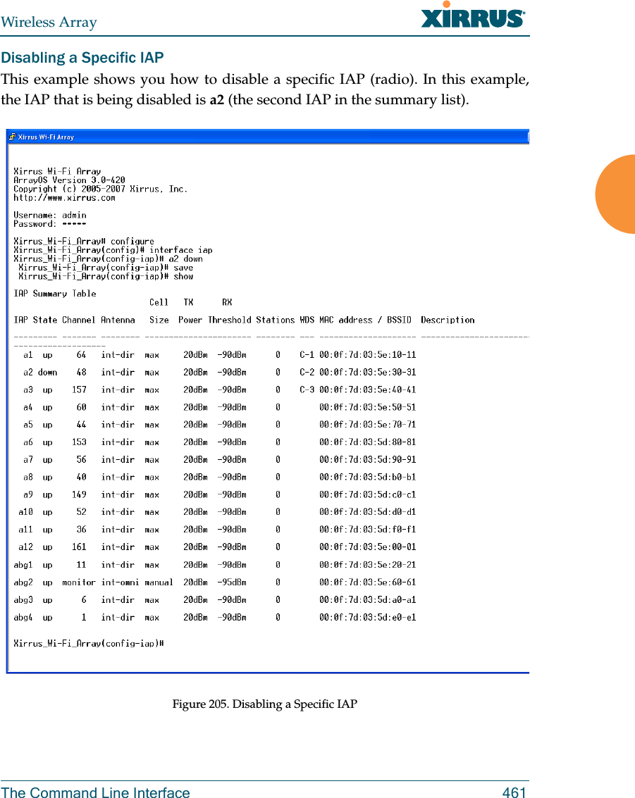 Wireless ArrayThe Command Line Interface 461Disabling a Specific IAPThis example shows you how to disable a specific IAP (radio). In this example, the IAP that is being disabled is a2 (the second IAP in the summary list).Figure 205. Disabling a Specific IAP