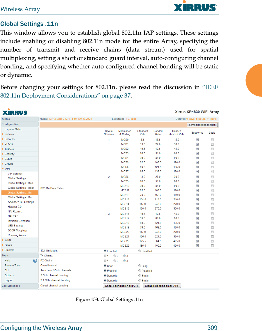 Wireless ArrayConfiguring the Wireless Array 309Global Settings .11nThis window allows you to establish global 802.11n IAP settings. These settings include enabling or disabling 802.11n mode for the entire Array, specifying the number of transmit and receive chains (data stream) used for spatial multiplexing, setting a short or standard guard interval, auto-configuring channel bonding, and specifying whether auto-configured channel bonding will be static or dynamic.Before changing your settings for 802.11n, please read the discussion in “IEEE 802.11n Deployment Considerations” on page 37. Figure 153. Global Settings .11n 