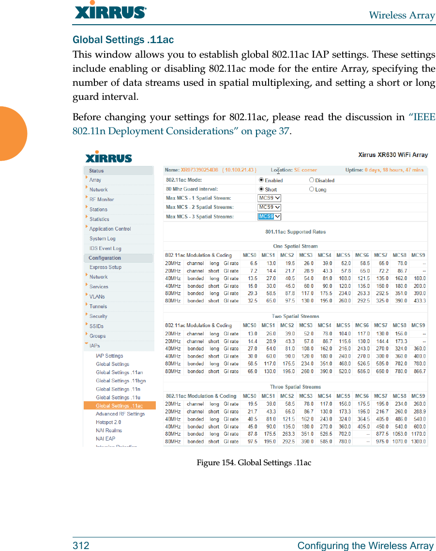 Wireless Array312 Configuring the Wireless ArrayGlobal Settings .11acThis window allows you to establish global 802.11ac IAP settings. These settings include enabling or disabling 802.11ac mode for the entire Array, specifying the number of data streams used in spatial multiplexing, and setting a short or long guard interval.Before changing your settings for 802.11ac, please read the discussion in “IEEE 802.11n Deployment Considerations” on page 37.Figure 154. Global Settings .11ac 