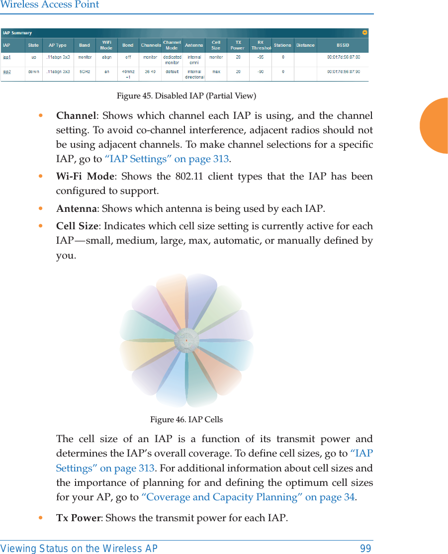 Wireless Access PointViewing Status on the Wireless AP 99Figure 45. Disabled IAP (Partial View)•Channel: Shows which channel each IAP is using, and the channel setting. To avoid co-channel interference, adjacent radios should not be using adjacent channels. To make channel selections for a specific IAP, go to “IAP Settings” on page 313.•Wi-Fi Mode: Shows the 802.11 client types that the IAP has been configured to support.•Antenna: Shows which antenna is being used by each IAP.•Cell Size: Indicates which cell size setting is currently active for each IAP — small, medium, large, max, automatic, or manually defined by you. Figure 46. IAP CellsThe cell size of an IAP is a function of its transmit power and determines the IAP’s overall coverage. To define cell sizes, go to “IAP Settings” on page 313. For additional information about cell sizes and the importance of planning for and defining the optimum cell sizes for your AP, go to “Coverage and Capacity Planning” on page 34.•Tx Power: Shows the transmit power for each IAP. 