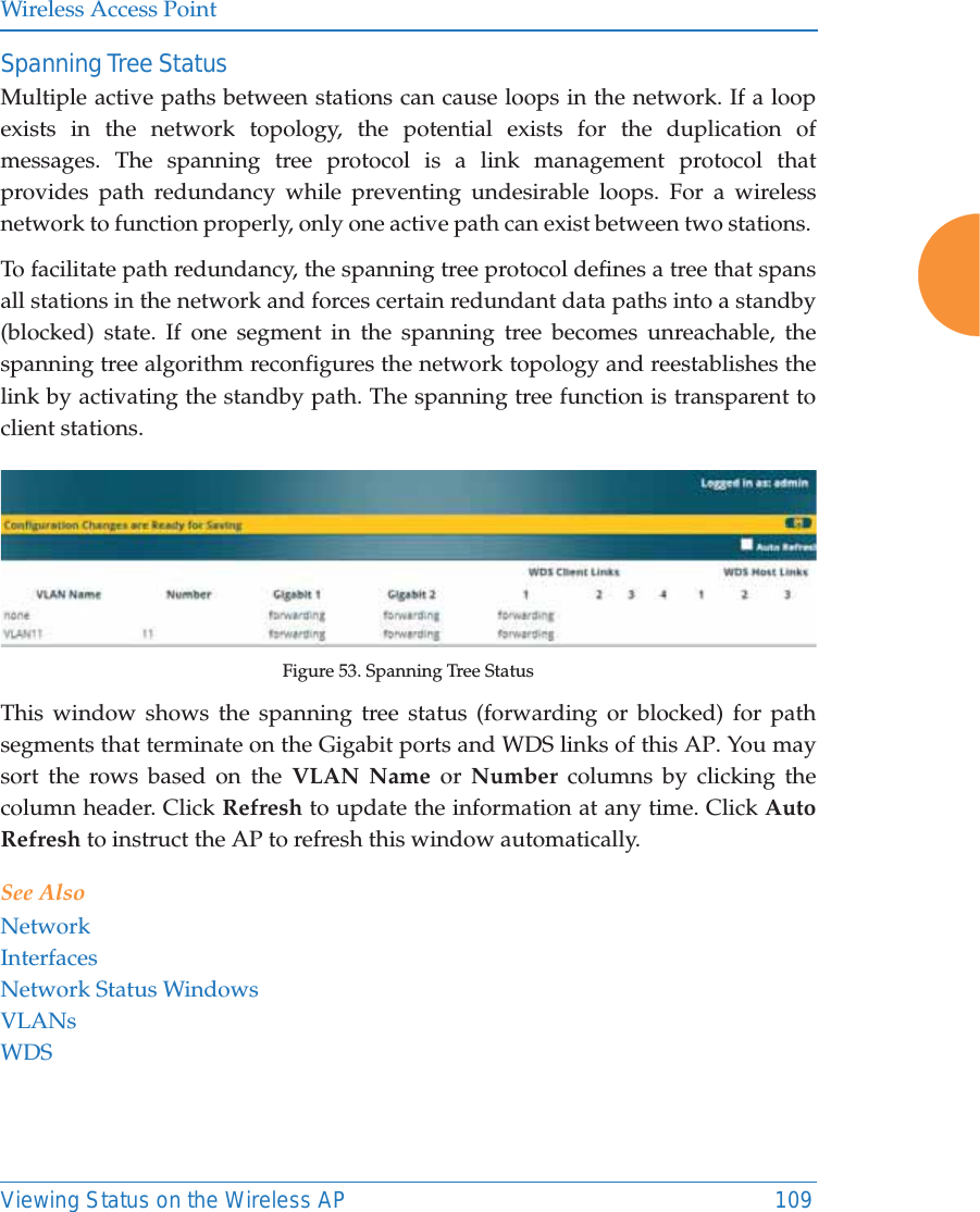 Wireless Access PointViewing Status on the Wireless AP 109Spanning Tree StatusMultiple active paths between stations can cause loops in the network. If a loop exists in the network topology, the potential exists for the duplication of messages. The spanning tree protocol is a link management protocol that provides path redundancy while preventing undesirable loops. For a wireless network to function properly, only one active path can exist between two stations. To facilitate path redundancy, the spanning tree protocol defines a tree that spans all stations in the network and forces certain redundant data paths into a standby (blocked) state. If one segment in the spanning tree becomes unreachable, the spanning tree algorithm reconfigures the network topology and reestablishes the link by activating the standby path. The spanning tree function is transparent to client stations.Figure 53. Spanning Tree StatusThis window shows the spanning tree status (forwarding or blocked) for path segments that terminate on the Gigabit ports and WDS links of this AP. You may sort the rows based on the VLAN Name or  Number columns by clicking the column header. Click Refresh to update the information at any time. Click Auto Refresh to instruct the AP to refresh this window automatically.See AlsoNetworkInterfacesNetwork Status WindowsVLANsWDS