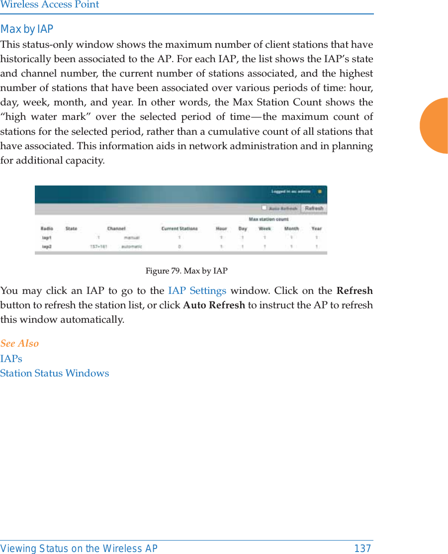 Wireless Access PointViewing Status on the Wireless AP 137Max by IAPThis status-only window shows the maximum number of client stations that have historically been associated to the AP. For each IAP, the list shows the IAP’s state and channel number, the current number of stations associated, and the highest number of stations that have been associated over various periods of time: hour, day, week, month, and year. In other words, the Max Station Count shows the “high water mark” over the selected period of time — the maximum count of stations for the selected period, rather than a cumulative count of all stations that have associated. This information aids in network administration and in planning for additional capacity.Figure 79. Max by IAPYou may click an IAP to go to the IAP Settings window. Click on the Refreshbutton to refresh the station list, or click Auto Refresh to instruct the AP to refresh this window automatically. See AlsoIAPsStation Status Windows