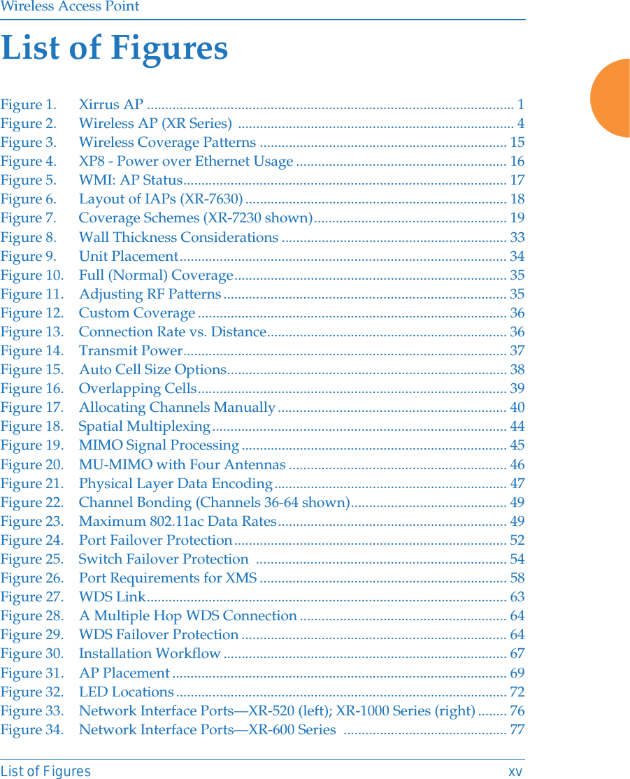 Wireless Access PointList of Figures xvList of FiguresFigure 1. Xirrus AP ..................................................................................................... 1Figure 2. Wireless AP (XR Series) ............................................................................ 4Figure 3. Wireless Coverage Patterns .................................................................... 15Figure 4. XP8 - Power over Ethernet Usage .......................................................... 16Figure 5. WMI: AP Status......................................................................................... 17Figure 6. Layout of IAPs (XR-7630)........................................................................ 18Figure 7. Coverage Schemes (XR-7230 shown)..................................................... 19Figure 8. Wall Thickness Considerations .............................................................. 33Figure 9. Unit Placement.......................................................................................... 34Figure 10. Full (Normal) Coverage........................................................................... 35Figure 11. Adjusting RF Patterns.............................................................................. 35Figure 12. Custom Coverage ..................................................................................... 36Figure 13. Connection Rate vs. Distance.................................................................. 36Figure 14. Transmit Power......................................................................................... 37Figure 15. Auto Cell Size Options............................................................................. 38Figure 16. Overlapping Cells..................................................................................... 39Figure 17. Allocating Channels Manually............................................................... 40Figure 18. Spatial Multiplexing................................................................................. 44Figure 19. MIMO Signal Processing......................................................................... 45Figure 20. MU-MIMO with Four Antennas ............................................................ 46Figure 21. Physical Layer Data Encoding................................................................ 47Figure 22. Channel Bonding (Channels 36-64 shown)........................................... 49Figure 23. Maximum 802.11ac Data Rates............................................................... 49Figure 24. Port Failover Protection........................................................................... 52Figure 25. Switch Failover Protection  ..................................................................... 54Figure 26. Port Requirements for XMS .................................................................... 58Figure 27. WDS Link................................................................................................... 63Figure 28. A Multiple Hop WDS Connection ......................................................... 64Figure 29. WDS Failover Protection ......................................................................... 64Figure 30. Installation Workflow .............................................................................. 67Figure 31. AP Placement ............................................................................................ 69Figure 32. LED Locations........................................................................................... 72Figure 33. Network Interface Ports—XR-520 (left); XR-1000 Series (right) ........ 76Figure 34. Network Interface Ports—XR-600 Series  ............................................. 77