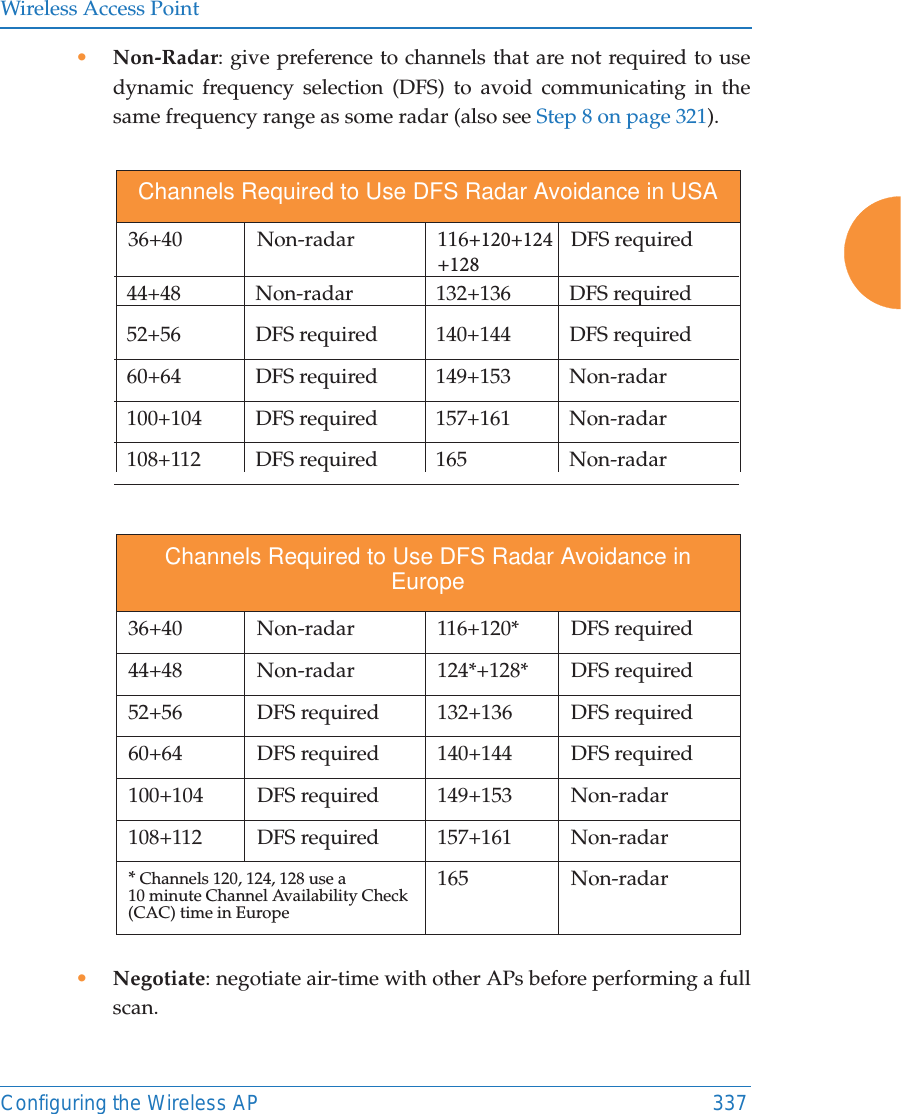 Wireless Access PointConfiguring the Wireless AP 337•Non-Radar: give preference to channels that are not required to usedynamic frequency selection (DFS) to avoid communicating in thesame frequency range as some radar (also see Step 8 on page 321).•Negotiate: negotiate air-time with other APs before performing a fullscan.Channels Required to Use DFS Radar Avoidance in USA36+40 Non-radar  116 DFS required 44+48 Non-radar  132+136 DFS required52+56  DFS required 140+144 DFS required60+64 DFS required 149+153 Non-radar100+104 DFS required  157+161  Non-radar108+112 DFS required 165 Non-radarChannels Required to Use DFS Radar Avoidance in Europe36+40 Non-radar  116+120* DFS required 44+48 Non-radar  124*+128* DFS required 52+56  DFS required 132+136  DFS required60+64  DFS required  140+144 DFS required100+104 DFS required  149+153  Non-radar108+112 DFS required 157+161  Non-radar* Channels 120, 124, 128 use a10 minute Channel Availability Check (CAC) time in Europe 165 Non-radar